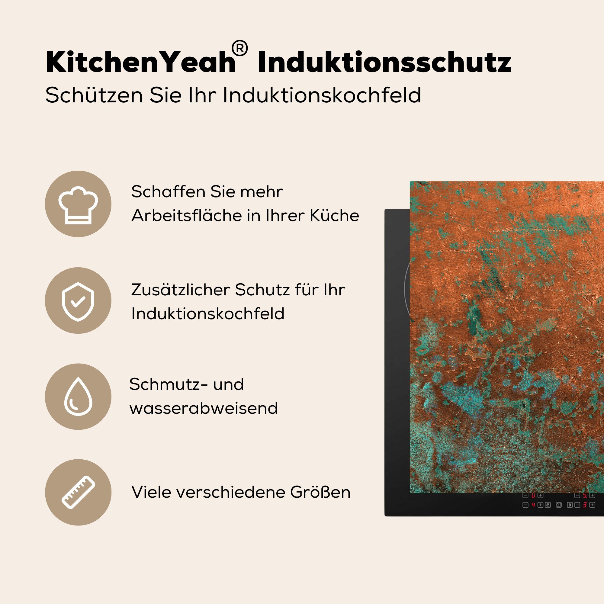 - 78x78 küche Arbeitsplatte cm, Grün Vinyl, - tlg), für Herdblende-/Abdeckplatte Rost, (1 Ceranfeldabdeckung, Stahl MuchoWow