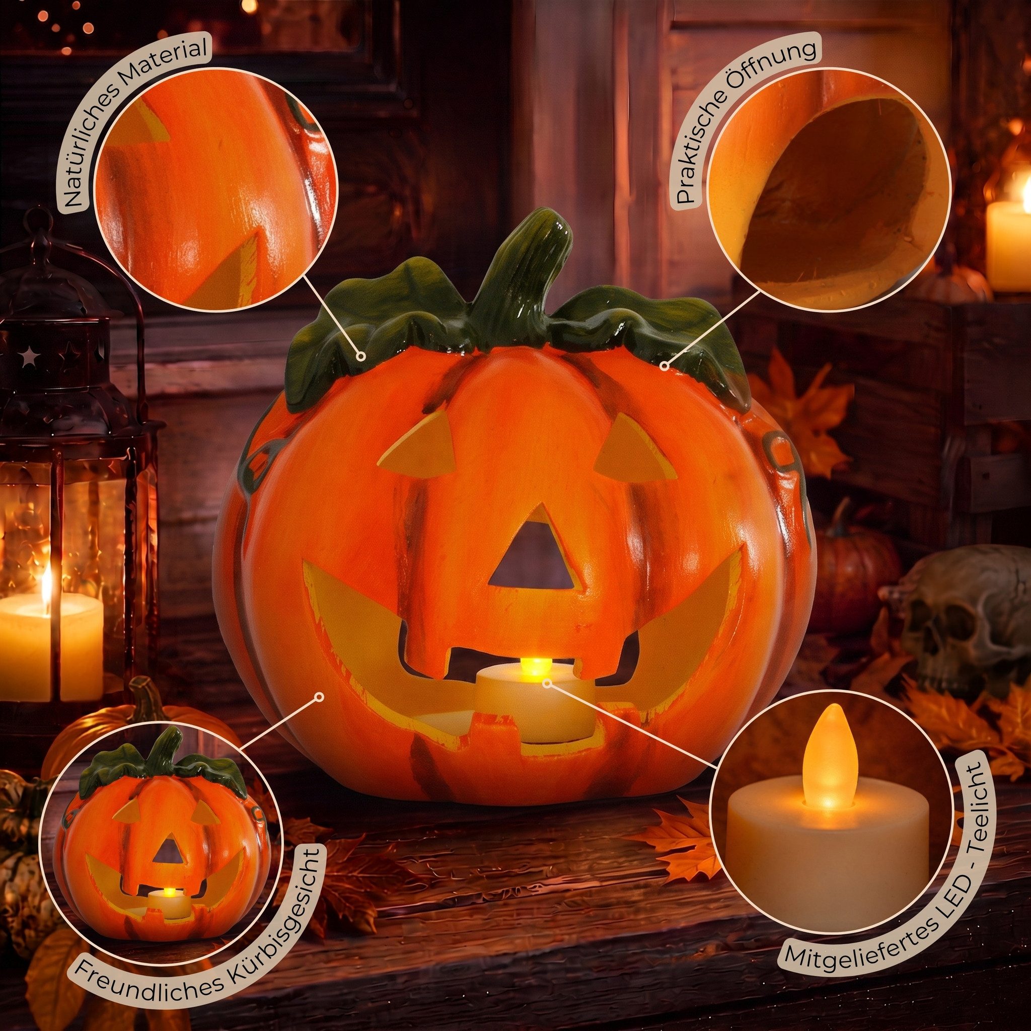matches21 HOME & HOBBY Dekofigur Kürbis-Laterne als LED Halloween-Deko Windlicht in 17x18 cm, Gruseliger Jack-O-Lantern Deko-Kürbis als innen außen Herbst-Deko – Bild 5 von 5