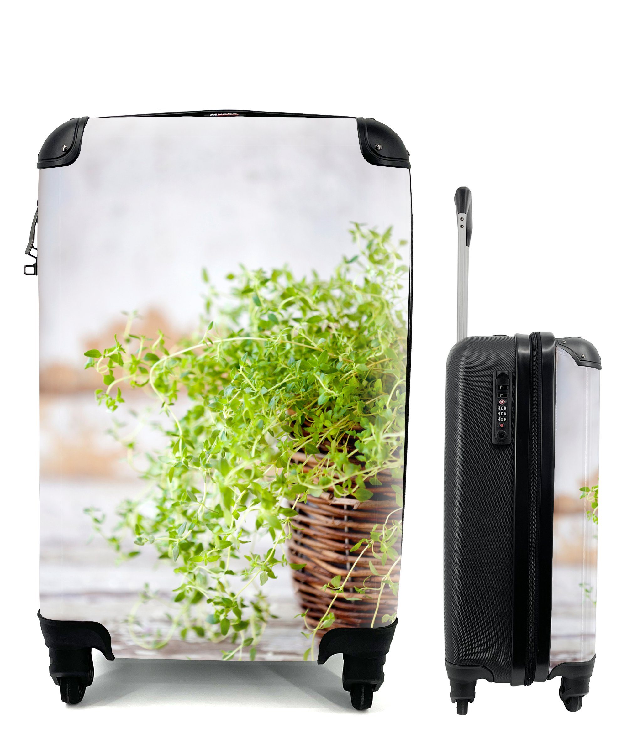 MuchoWow Handgepäckkoffer Weidenkorb mit hellgrünen Thymianpflanzen auf einem rustikalen Tisch, 4 Rollen, Reisetasche mit rollen, Handgepäck für Ferien, Trolley, Reisekoffer