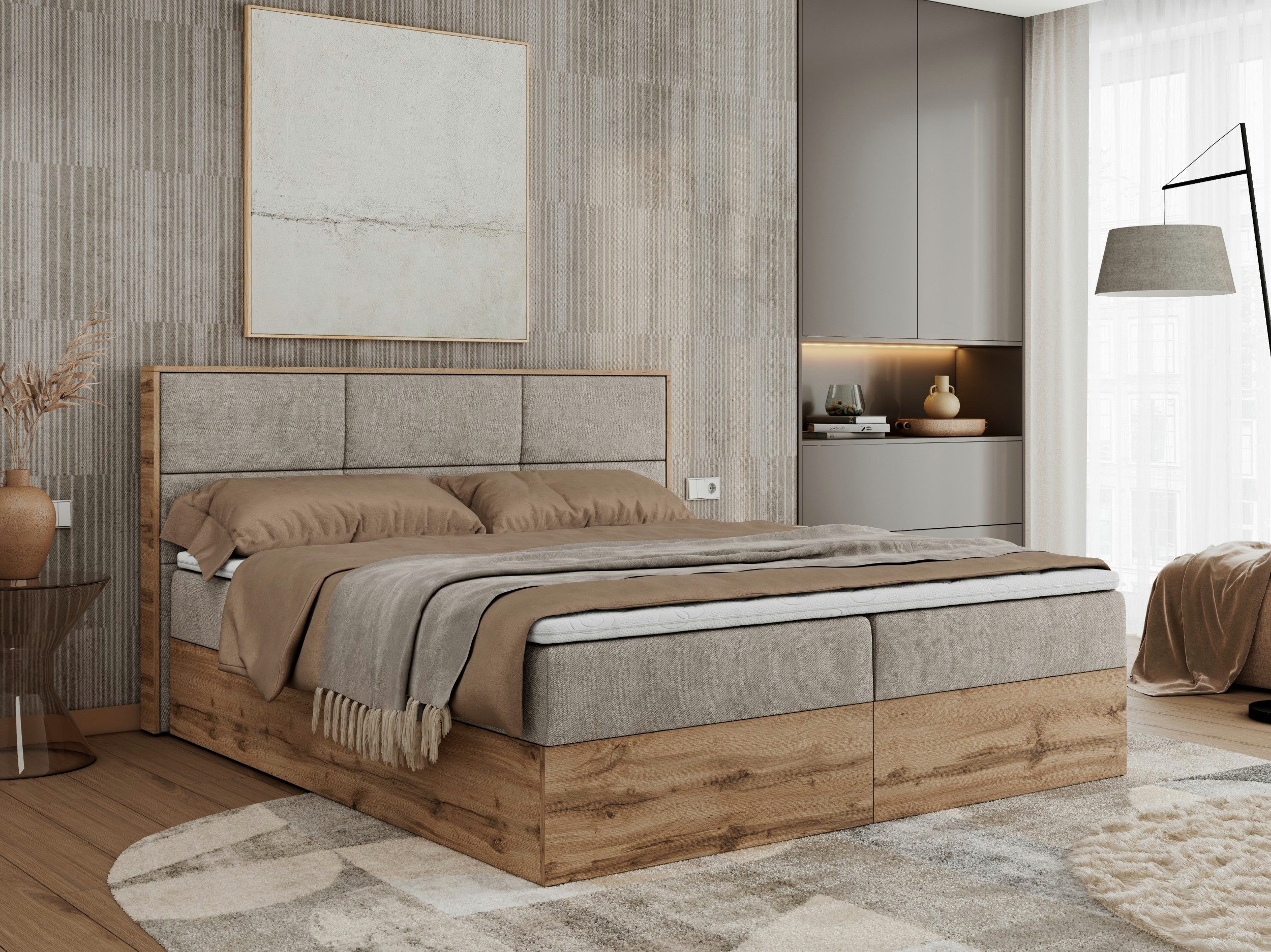 MKS MÖBEL Boxspringbett ALBERO 2 (Packung, Set, Polsterbett, T30-Schaum, Topper T25/Visco, Zwei Bettkästen), Doppelbett, mit Möbelplatten, Multipocket-Matratze, mit Kopfstütze