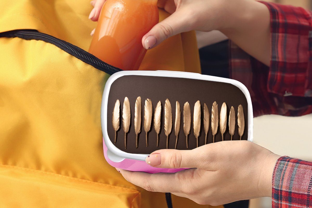 MuchoWow Lunchbox Goldene Federn Kinder, rosa Mädchen, für Brotdose braunem Erwachsene, auf Snackbox, Hintergrund, Brotbox (2-tlg), Kunststoff, Kunststoff