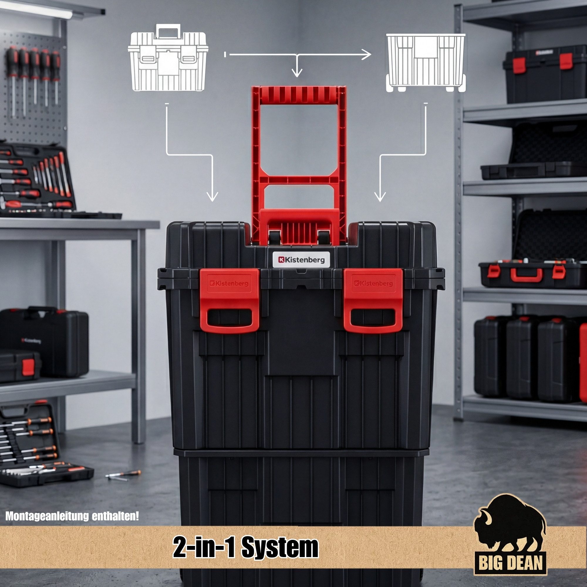BigDean Werkzeugkoffer Werkzeugtrolley XL 2in1 mit Großen Rädern Robust und 2 Deckelfächer (Stück, 1 St., Werkzeugtrolley), Flexibel, Rollbar, Staubgeschützt, Extra viel Stauraum