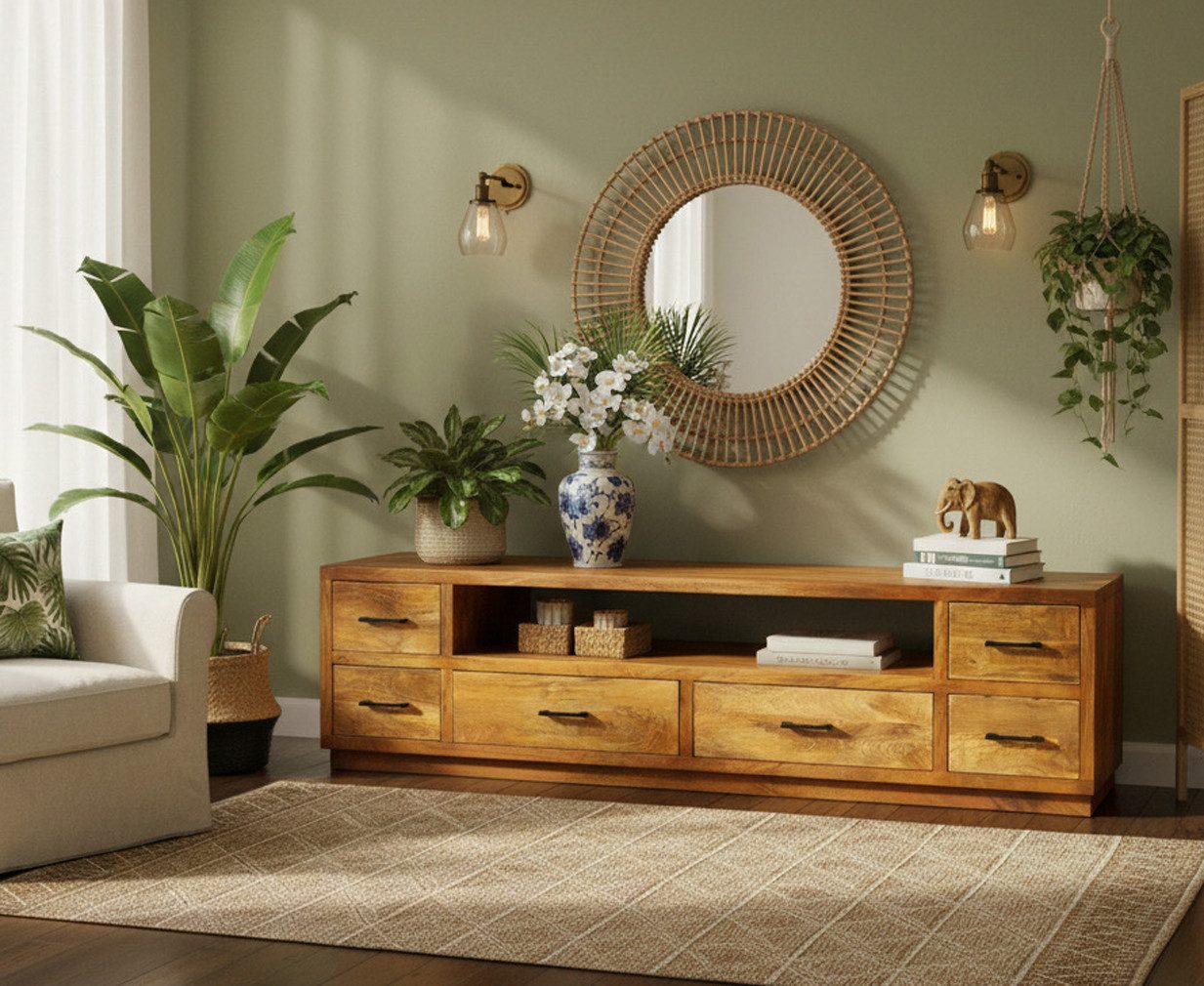 OPIUM OUTLET Sideboard Lowboard TV-Kommode Schrank Regal Möbel kastanienbraun (Breite x Tiefe x Höhe 200 x 45 x 50 cm), Mango-Massivholz, sehr schwer und robust, Lieferung komplett montiert