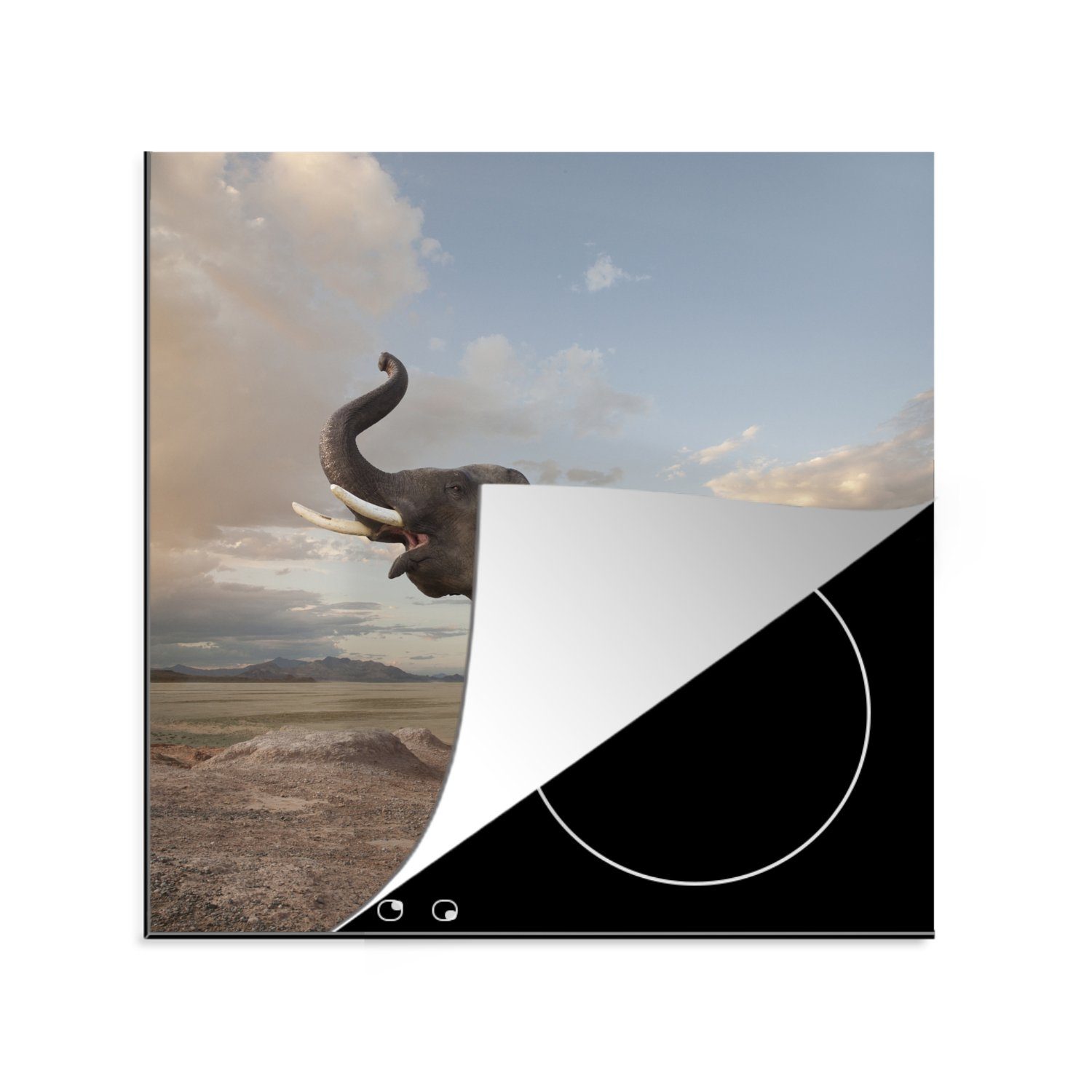 MuchoWow Herdblende-/Abdeckplatte Elefant - Hügel - Wolke, Vinyl, (1 tlg), 78x78 cm, Ceranfeldabdeckung, Arbeitsplatte für küche