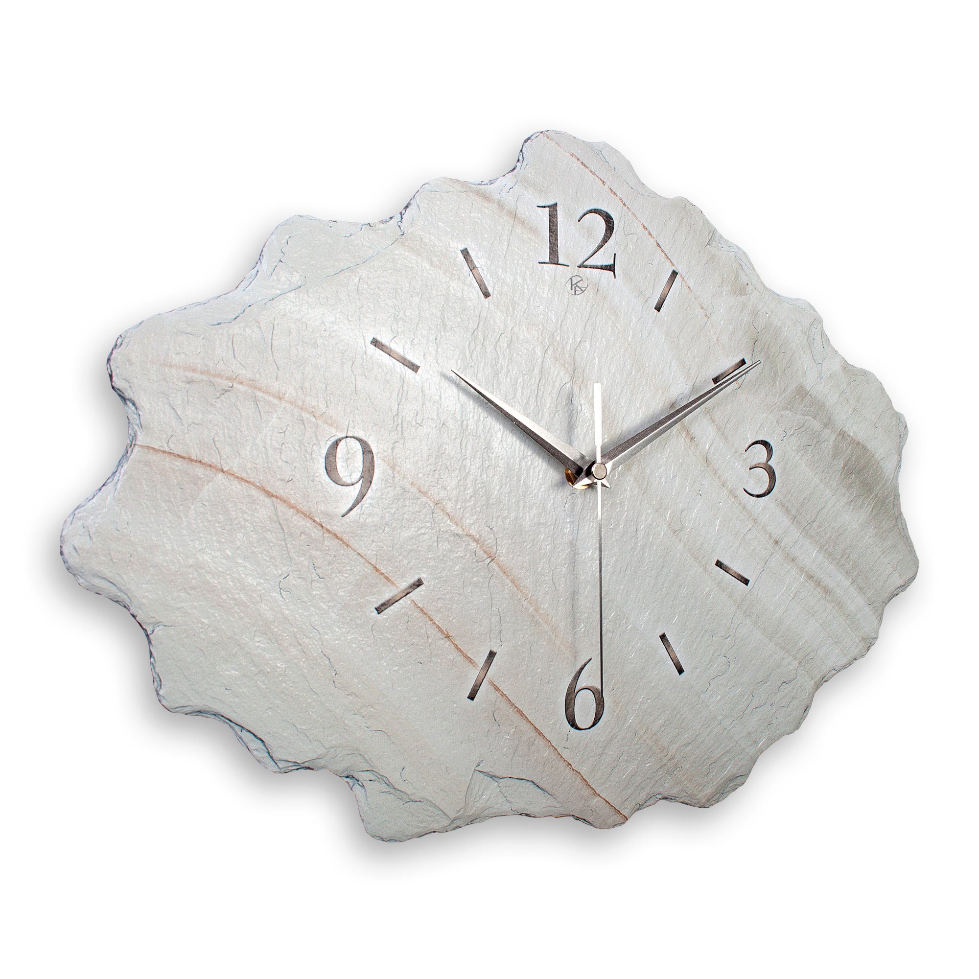 Kreative Feder Wanduhr Design-Wanduhr aus Stein (Beton) „Marmor-Optik weiß“ (Funk- oder Quarzuhrwerk; ohne Ticken; elegant, außergewöhnlich, modern)
