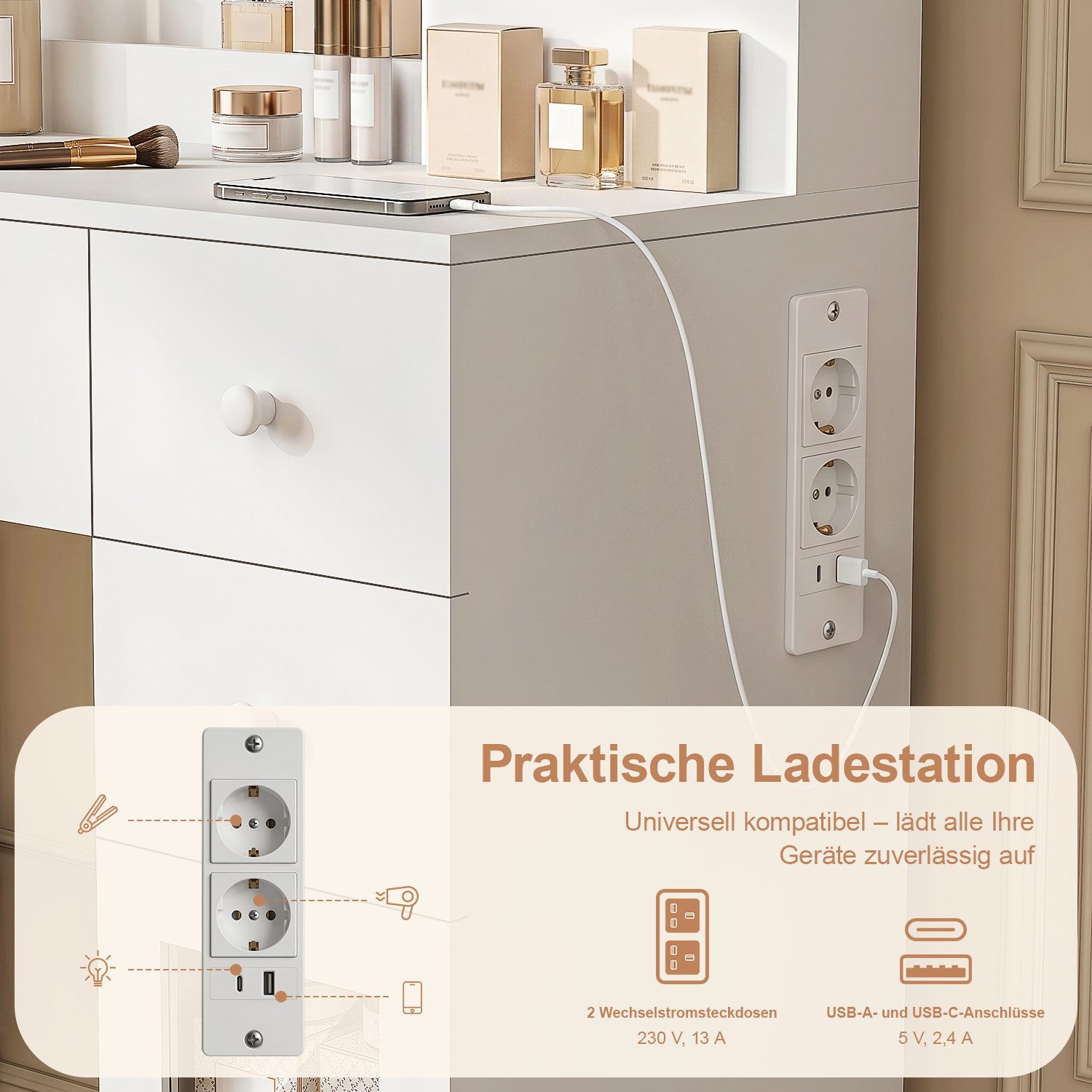 oyajia Schminktisch mit Spiegel und LED-Leuchten, Steckdosenleiste, 5 Schubladen (1 Schränke, 10 dimmbare Glühbirnen, 3 Lichtfarben, 107.5x40x155.5cm), für Ihr  – Bild 4 von 5