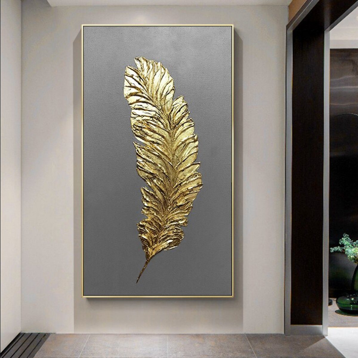 TPFLiving Kunstdruck (OHNE RAHMEN) Poster - Leinwand - Wandbild, Nordic Art - Goldene Feder auf blauem oder grauem Hintergrund - (2 Motive in 4 verschiedenen Größen zur Auswahl), Farben: Blau, Gold, Grau - Größe: 40x80cm