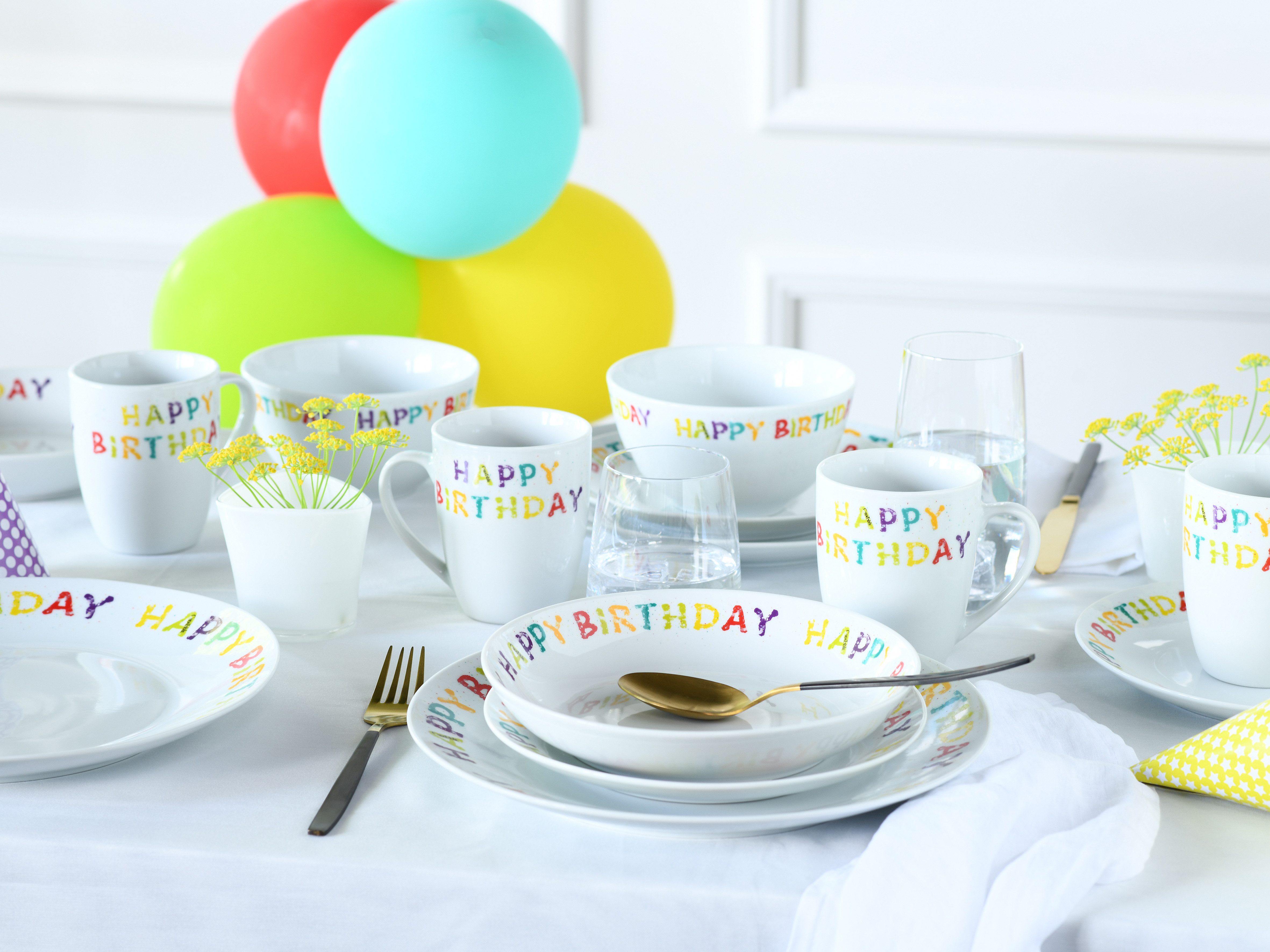 CreaTable Kombiservice Happy Birthday, Kombi-Service 20-tlg. (20-tlg), 4 Personen, Porzellan, Fröhliches buntes Geschirr, Für alle Geburtstagsfeierlichkeiten