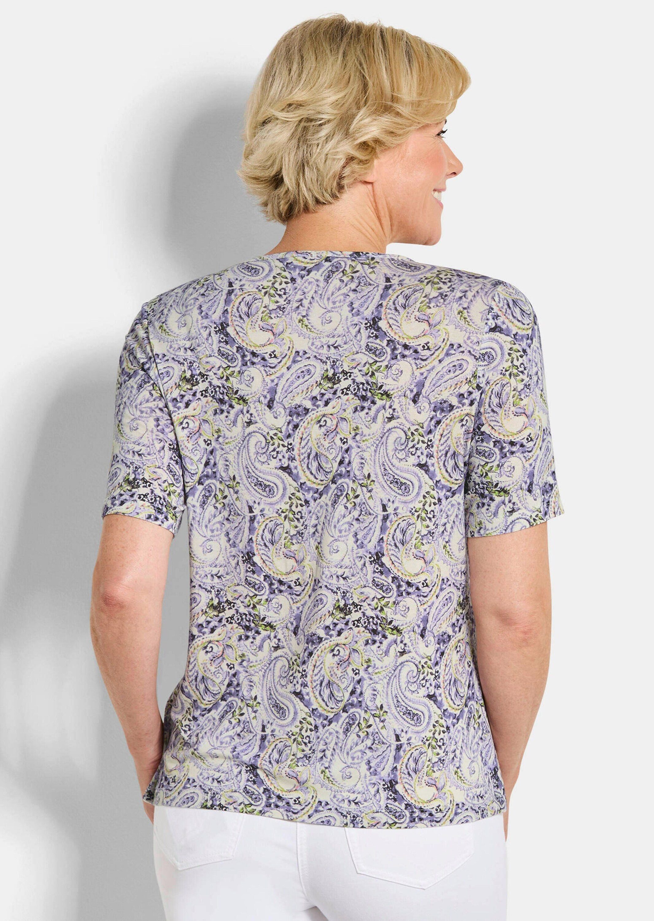 GOLDNER Print-Shirt Viskoseshirt mit Paisley-Muster Druckshirt mit V-Ausschnitt, Reißverschluss und Halbarm
