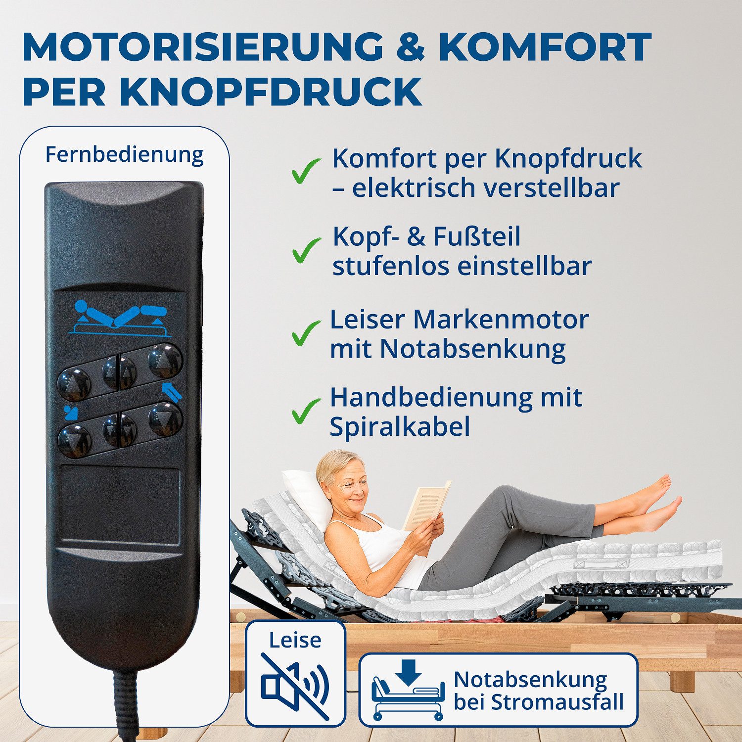 Lattenrost AEROBALANCE KF, Reha-Schlafwelt, Kopfteil motorisch verstellbar, Fußteil motorisch verstellbar, 120x200 cm, Lattenrost mit Motor, fertig montiert, Made in Germany