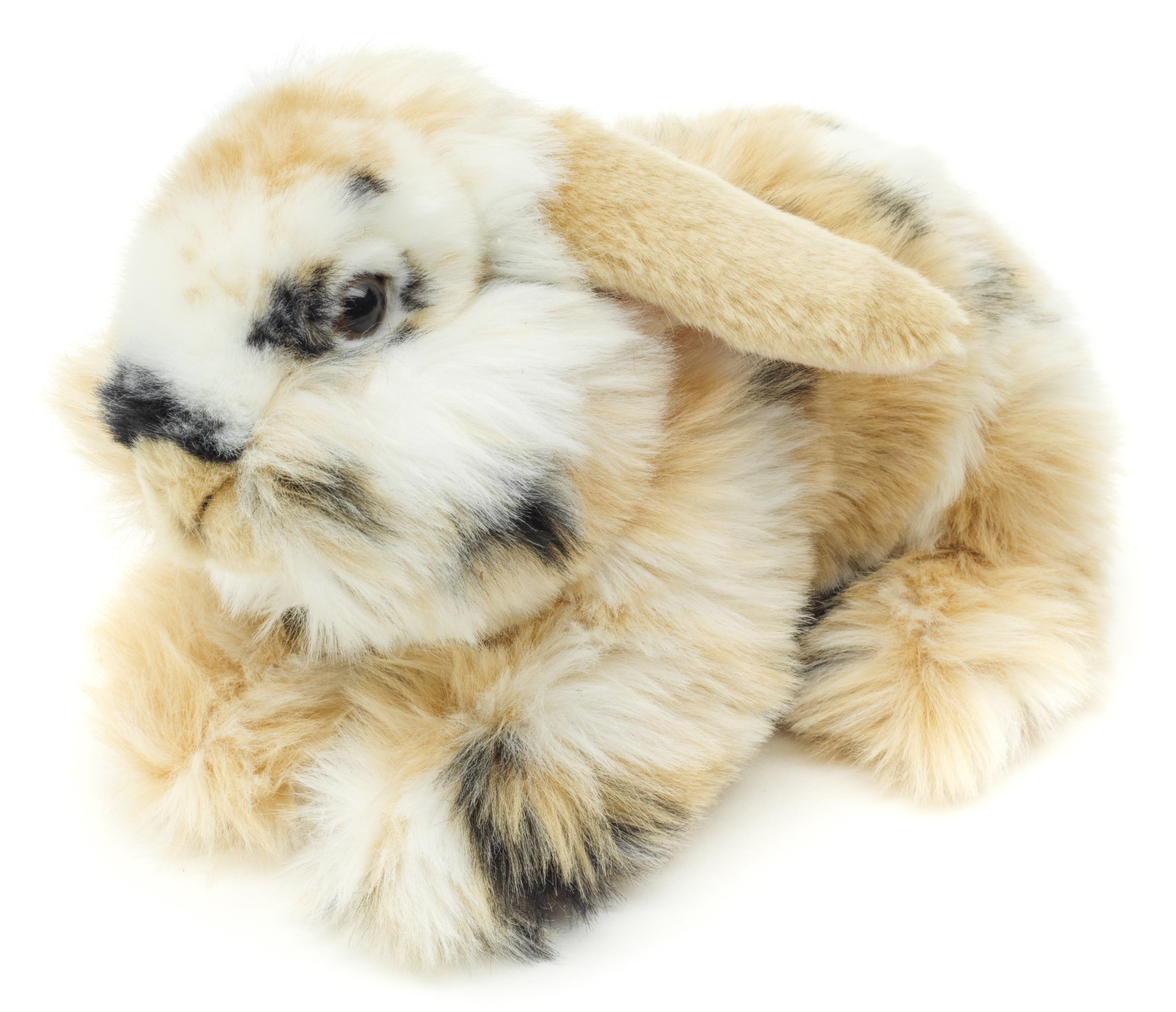 Uni-Toys Kuscheltier Löwenkopf-Kaninchen mit hängenden Ohren - 23 cm - verschiedene Hasen, zu 100 % recyceltes Füllmaterial schwarz-braun-weiß gescheckt