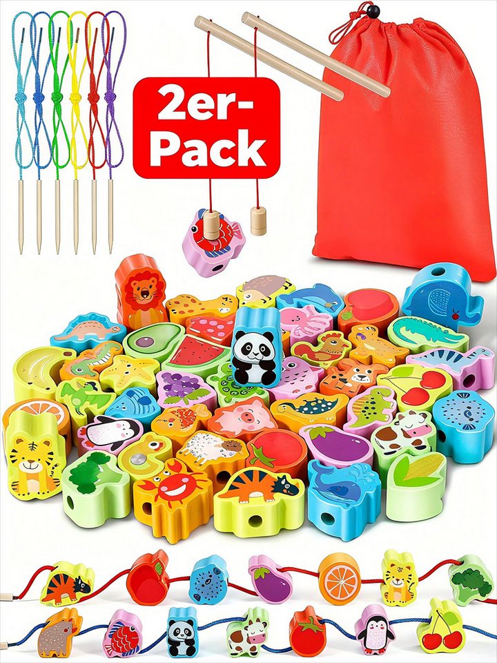 POPOLIC Lernspielzeug 2 in 1 Fädelspiel Montessori Spielzeug (46 Psc Magnetisches Angelspiel Spiele ab 2 3 Jahre - Obst GemüSe Tiere Holzspielzeug, 2-St), Lernspiele Motorikspielzeug Geschenk für Kinder