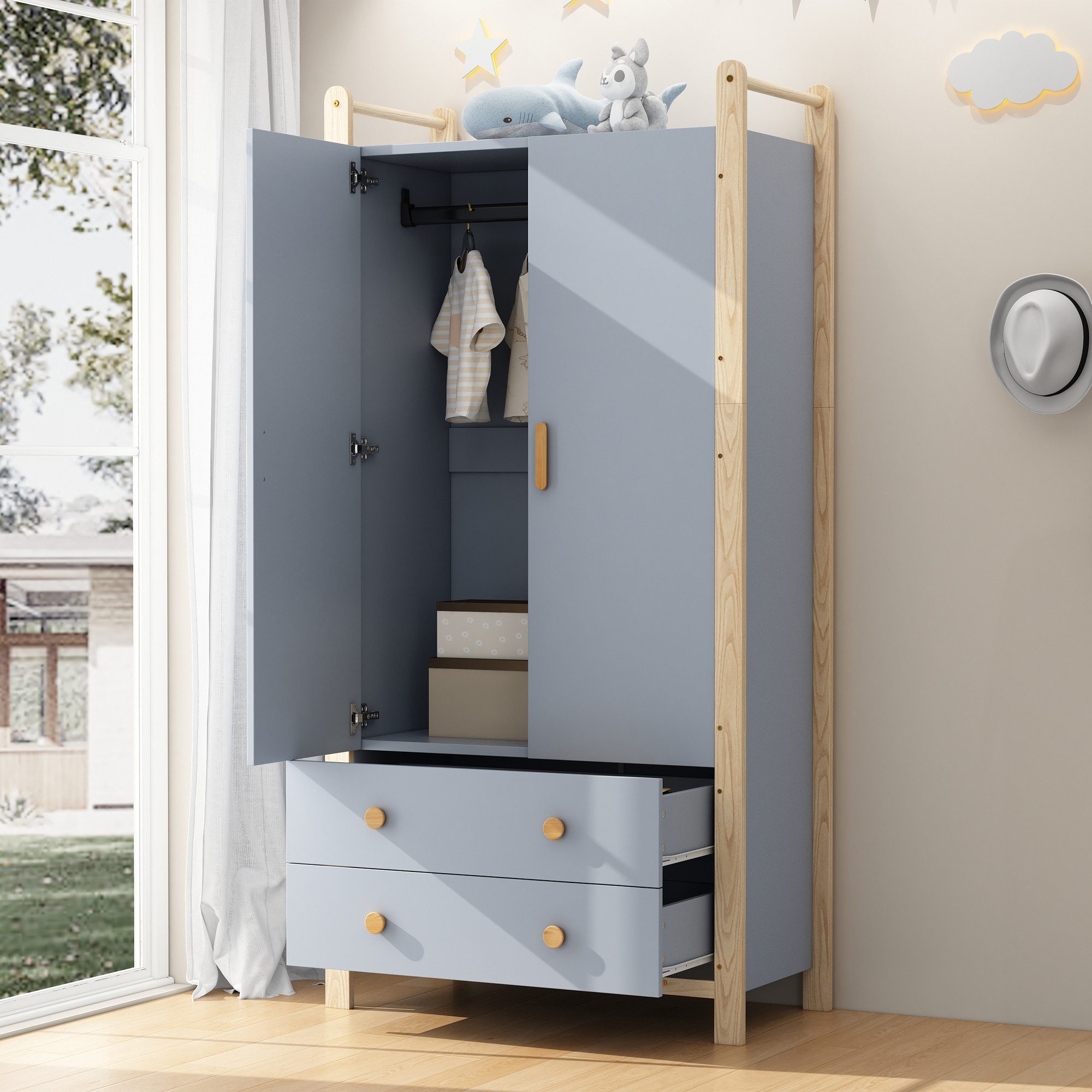 Odikalo Kleiderschrank Eckkleiderschrank mit Kleiderstange (2-türiger Kleiderschrank, Kleiderschrank mit Kleiderstange, 2 Schubladen, für Schlafzimmer, Wohnzimmer, Flurgarderobe geeignet, aus Spanplatte, weißer / blauer Körper + Kieferrahmen, 90×45×180 cm)