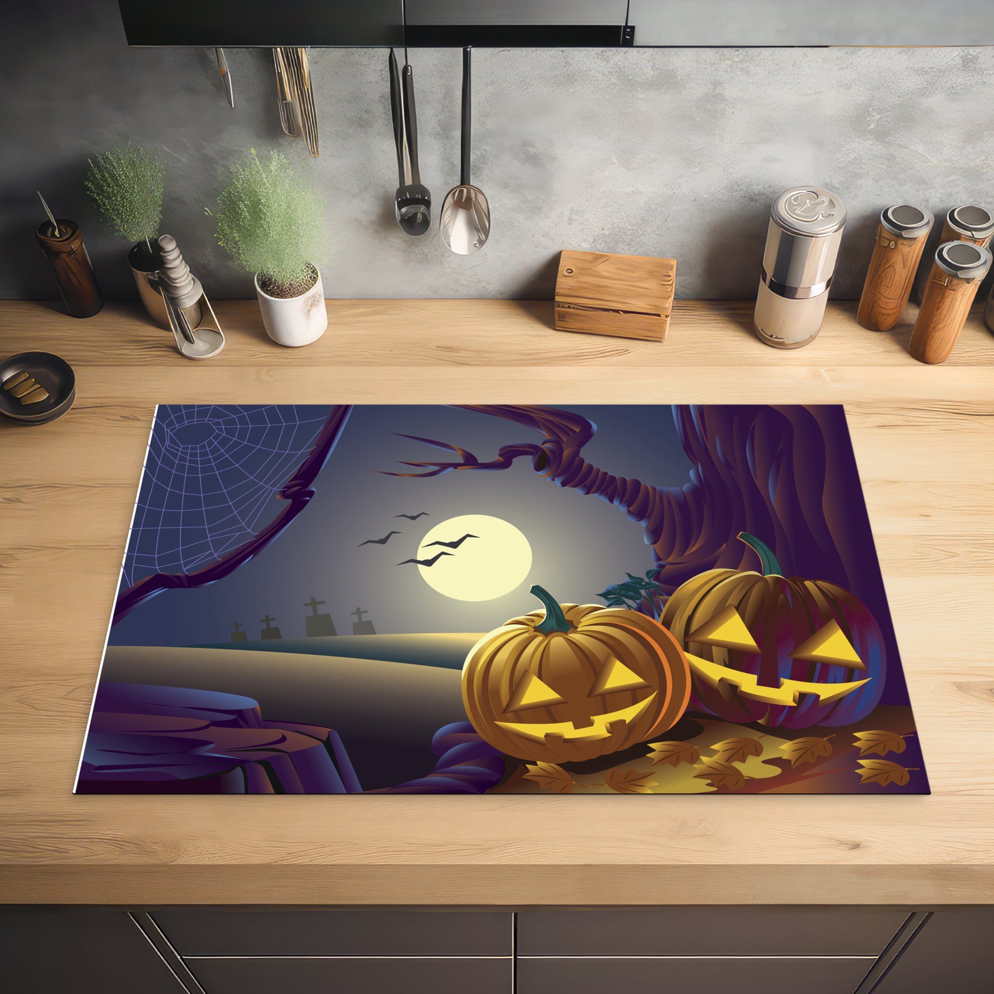 in Kürbisse Schutz in für MuchoWow (1 einer Ceranfeldabdeckung die Induktionskochfeld Halloween-Nacht Illustration, Zwei cm, 81x52 Herdblende-/Abdeckplatte küche, tlg), einer Vinyl,