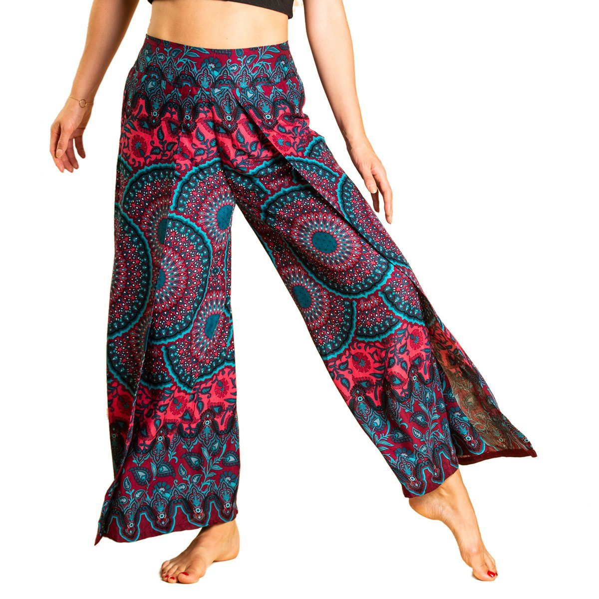 PANASIAM Palazzohose Hosenrock Sunshine Mandala-Muster aus natürlicher Viskose bequeme Boho Wickelhose Culotte Palazzohose mit weitem Bein für Urlaub oder Alltag