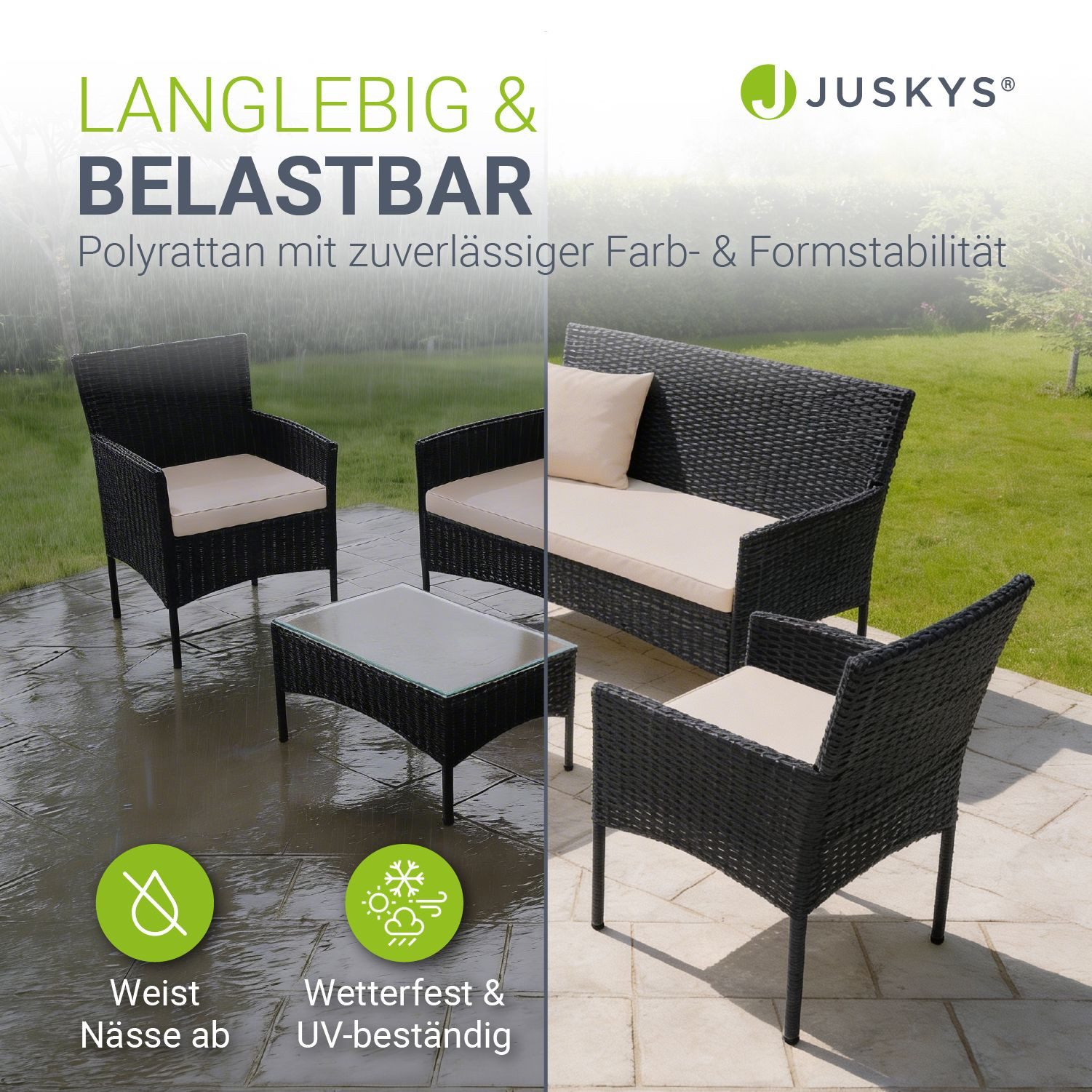 Juskys Gartenlounge-Set Fort Myers, wetterfeste Polyrattan Sitzgruppe für 4 Personen