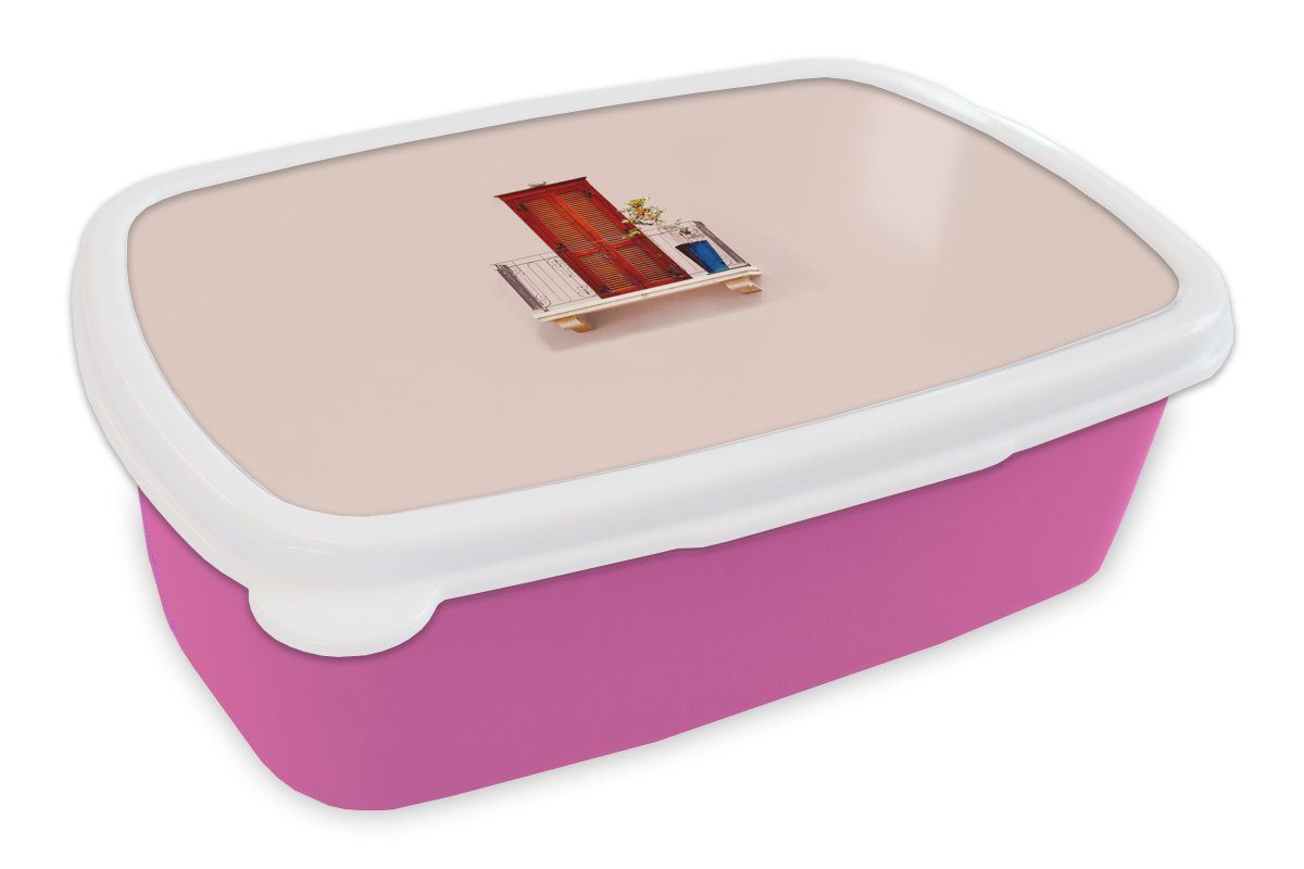 MuchoWow Lunchbox Tür - Rot - Pastell - Architektur, Kunststoff, (2-tlg), Brotbox für Erwachsene, Brotdose Kinder, Snackbox, Mädchen, Kunststoff rosa