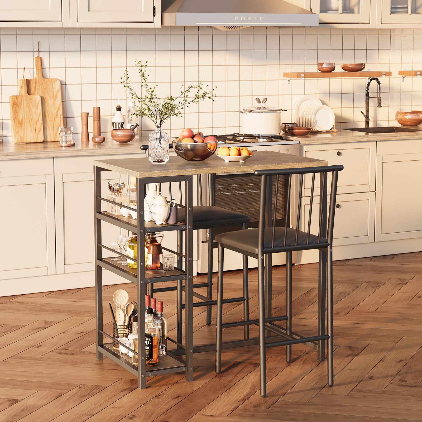 Bealife Bartisch Set 3-tlg,Esstisch/2 Stühlen,mit 3 Regalfächern Stehtisch