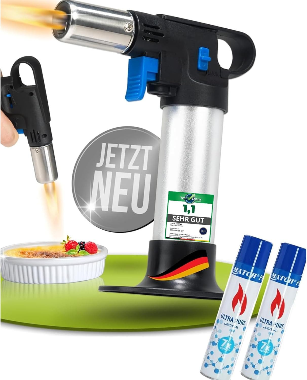 STAHLMANN COMMERCE GmbH Flambierbrenner Flambierbrenner [1300 °C] Küchenbrenner inkl. 2 x 300 ml Butangas, 1.300 °C · Dauerflamme · Regulierbar · 2 x 300 ml Gas inkl.