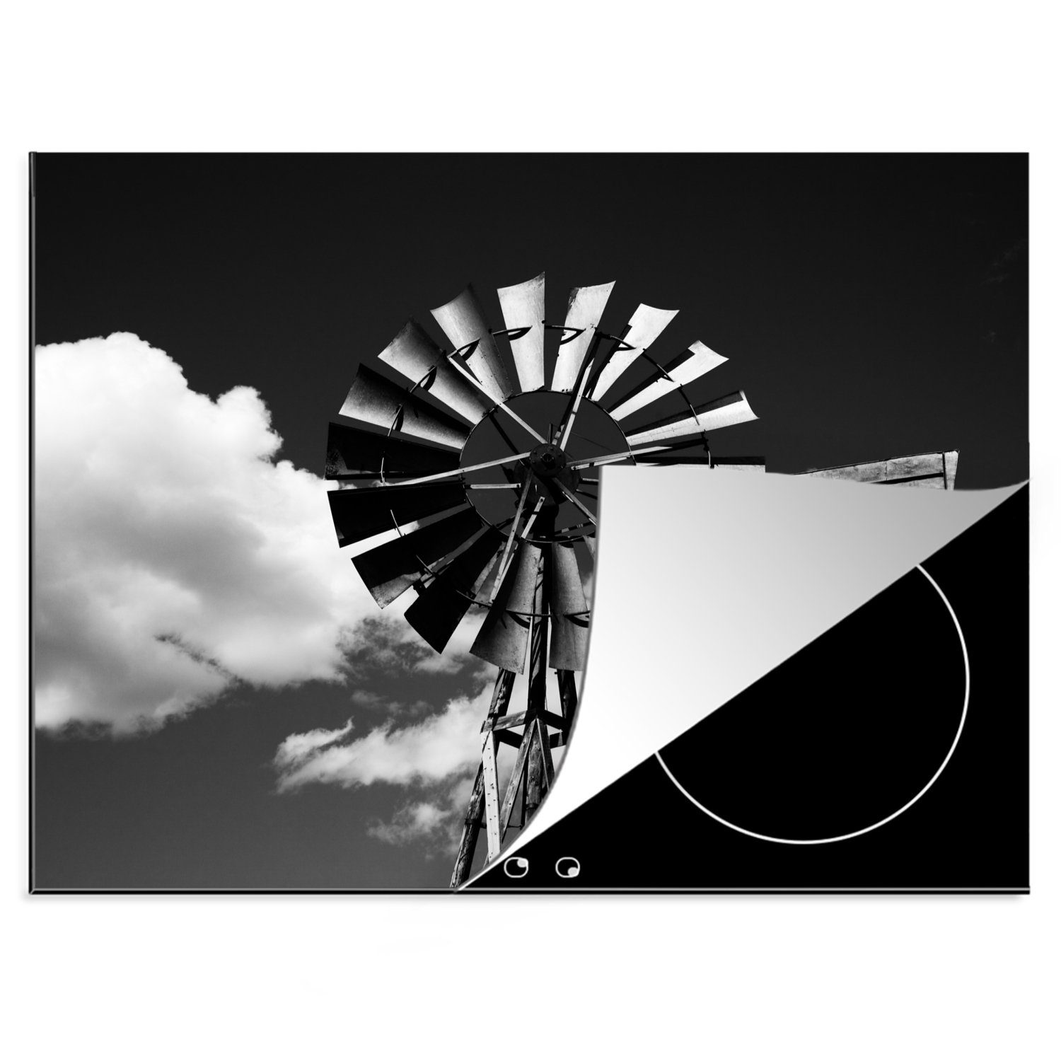 MuchoWow Herdblende-/Abdeckplatte Windmühle - Vintage - Schwarz - Weiß, Vinyl, (1 tlg), 70x52 cm, Mobile Arbeitsfläche nutzbar, Ceranfeldabdeckung
