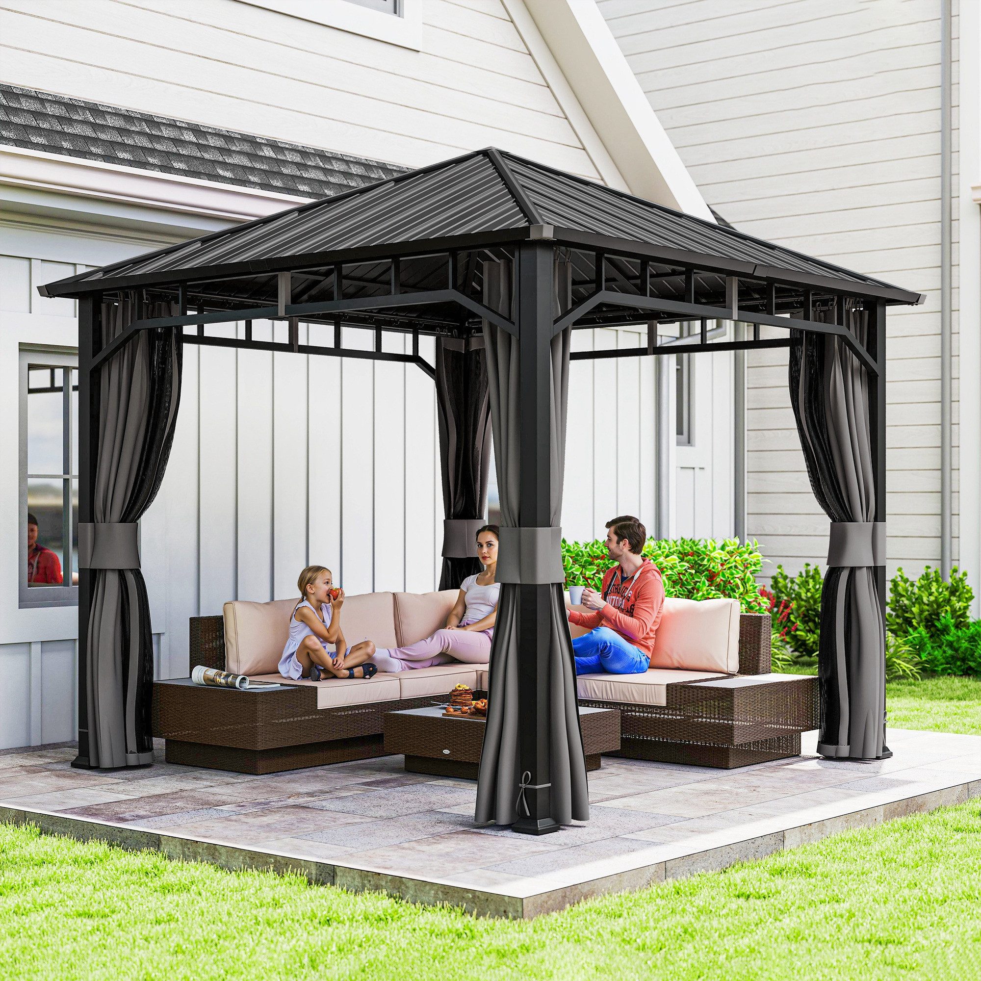 Outsunny Pavillon mit Seitenteile, Moskitonetz, Haken, Hardtop, mit 8 Seitenteilen, (Gartenpavillon, Partyzelt), für Garten, Terrasse, Dunkelgrau
