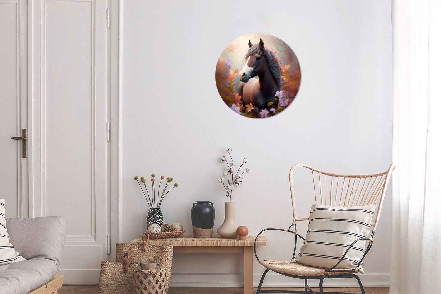 MuchoWow Gemälde Pferd - (1 Natur 30x30 - - cm - Tiere, Lila Forex, Wanddekoration Kreis Blumen Wohnzimmer, St), Wandbild, Rundes