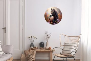 MuchoWow Wandsticker Pferd - Blumen - Natur - Lila - Tiere (1 St), Tapetenkreis für Kinderzimmer, Tapetenaufkleber, Rund, Wohnzimmer