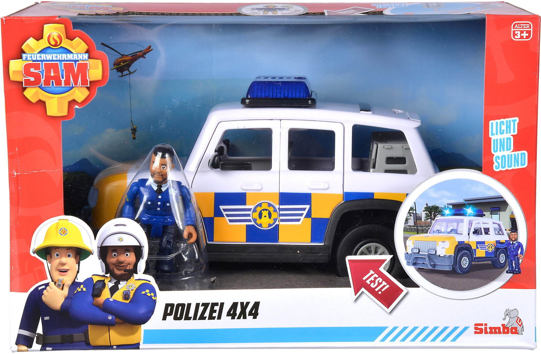 SIMBA Spielzeug-Feuerwehr Simba Spielfahrzeug Polizei Feuerwehrmann Sam Polizeiauto 4x4 + Figur