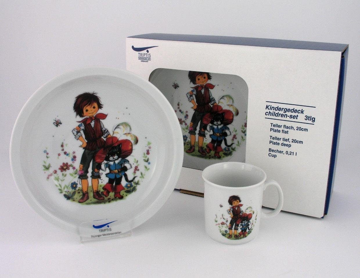 TRIPTIS® Thüringer Meisterporzellan Kindergeschirr-Set Triptis Der gestiefelte Kater Kinderset 3tlg., 1 Personen, Porzellan
