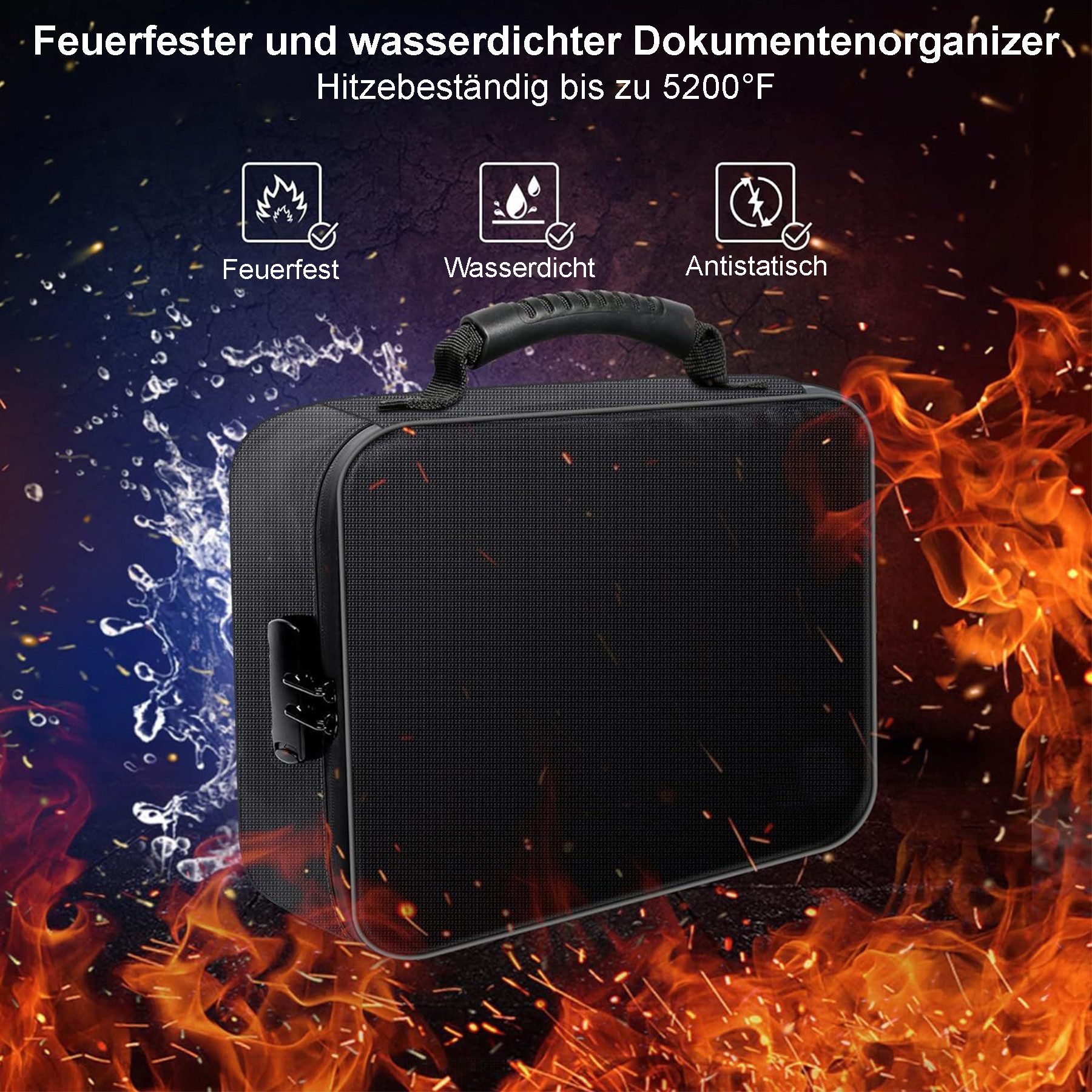 Mutig Dokumententasche Feuerfeste Dokumentenbox, Dokumententasche handtasche (mit 13 Fächer Tragbare Aktentasche Zuhause und Büro, 5200°F A4, Wasserfeste Dokumenten-Organizer, Etiketten), für Büro,im Auto, im Safe oder,sondern auch auf Reisen mitnehmen