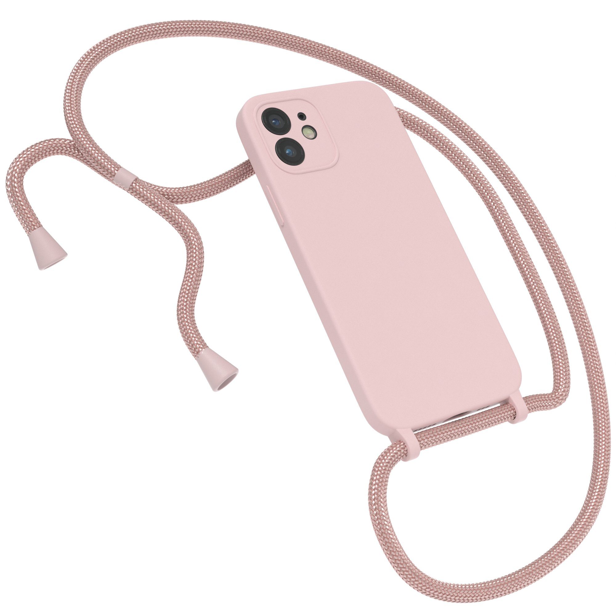EAZY CASE Handykette Silikon Kette für Apple iPhone 12 6,1 Zoll, Smartphonekette für Unterwegs Silikonhülle Hülle mit Band Matt Rosé