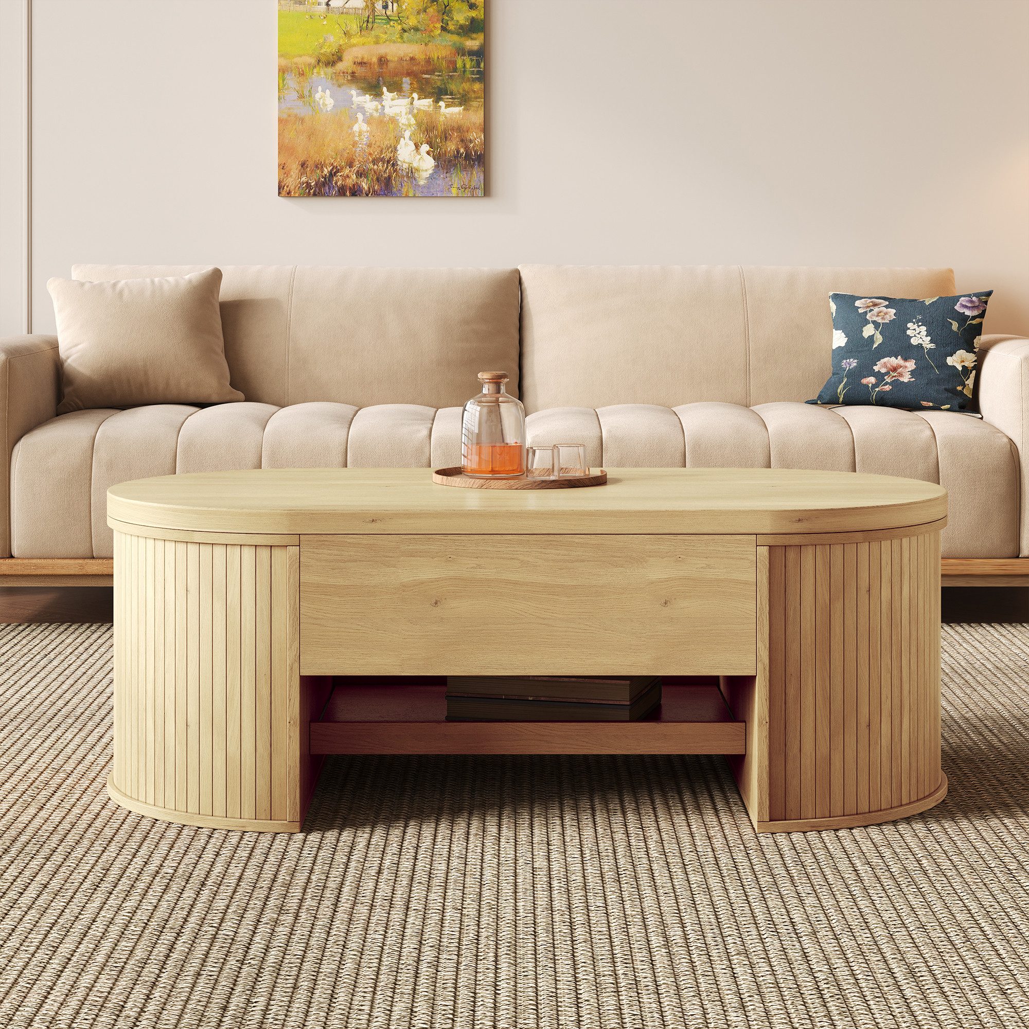 MODFU Couchtisch höhenverstellbarer Couchtisch mit Holzoptik (Beistelltisch, Sofatisch, 1-St., ausziehbarem Regal), mit gebogenen Holzseiten