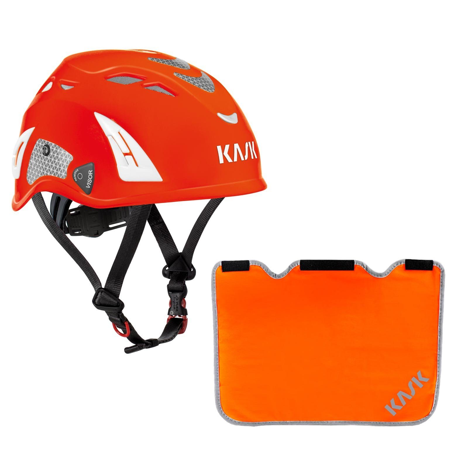 Kask Schutzhelm Plasma HI VIZ Bergsteigerhelm, Kletterhelm + Nackenschutz orange rot