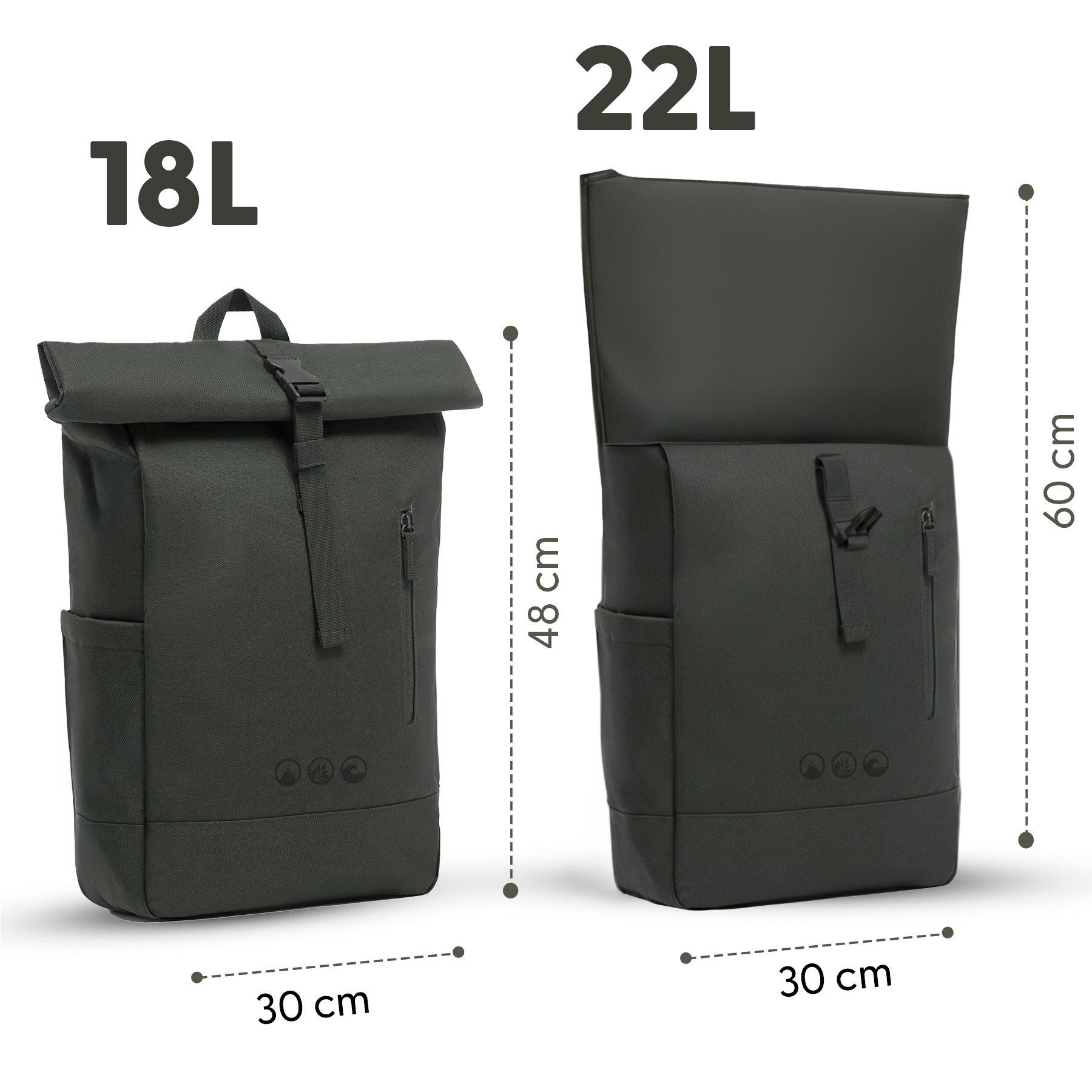 SONS OF ALOHA Rucksack XL Rolltop Rucksack Sporttasche 15 Zoll ohne Schuhfach 22l, XL Tagesrucksack Laptopfach aus recyceltem Plastik, Sport-Tasche