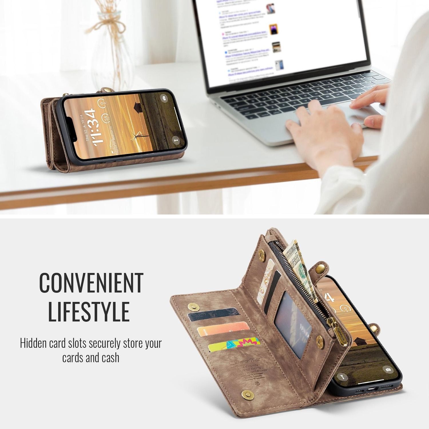 CaseMe Handyhülle Klapptasche für Apple iPhone 17e / 16e Kunstleder Multifunktion Zipper, Kunstleder Schutz Tasche Smart Case Multifunktion