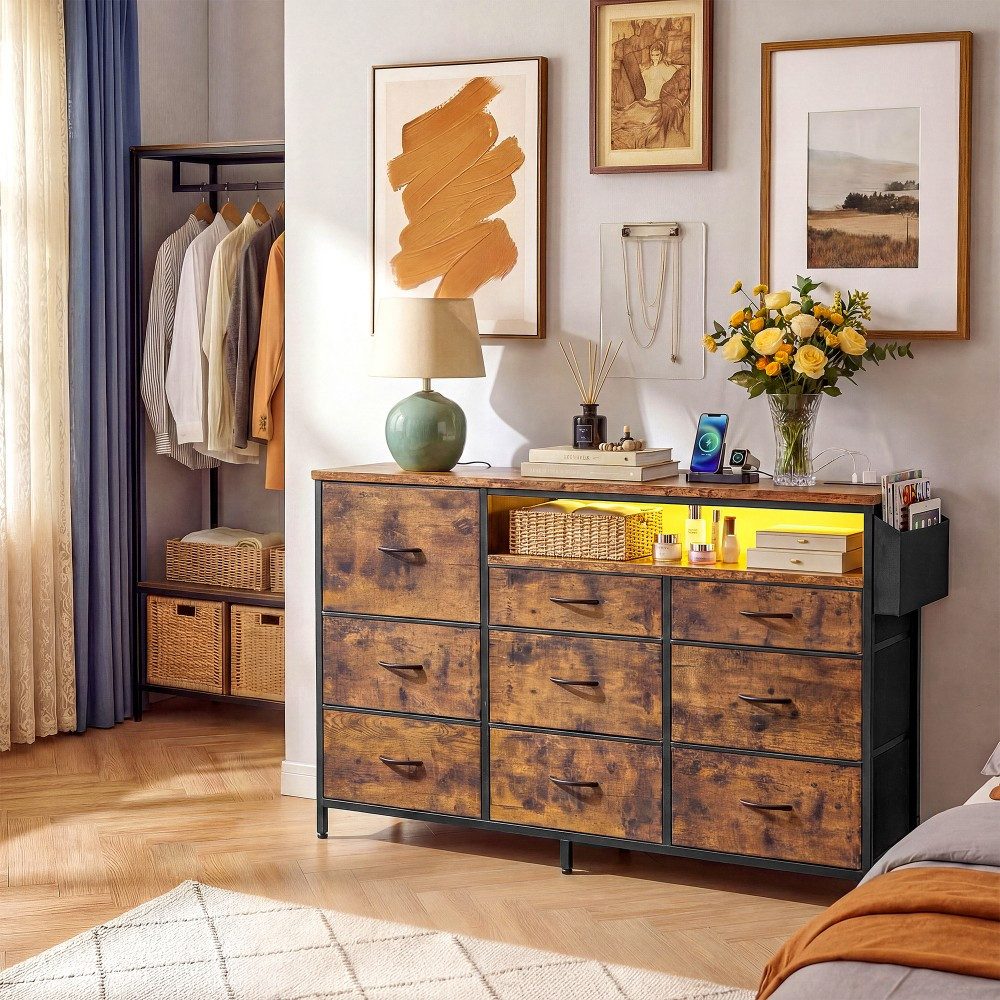 Klyvvo Kommode mit Schubladen, 40 LED-Lichteffekte, 2 USB & 2 Steckdosen (1 St), mit 9 Stoffschubladen für Schlafzimmer, Wohnzimmer und Flur