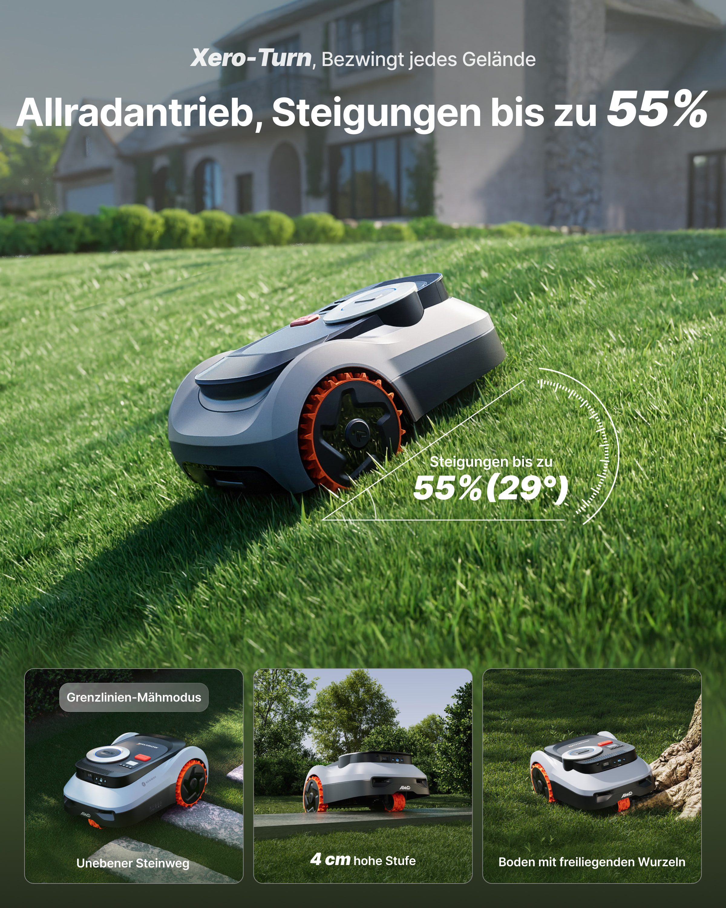NAVIMOW Rasenmähroboter Segway i210/i220 LiDAR Pro Mähroboter ohne Begrenzungskabel, bis 2000 m² Rasenfläche, (1-St., Xero-Turn AWD für 55 % Steigungen, Auto-Ka – Bild 4 von 5