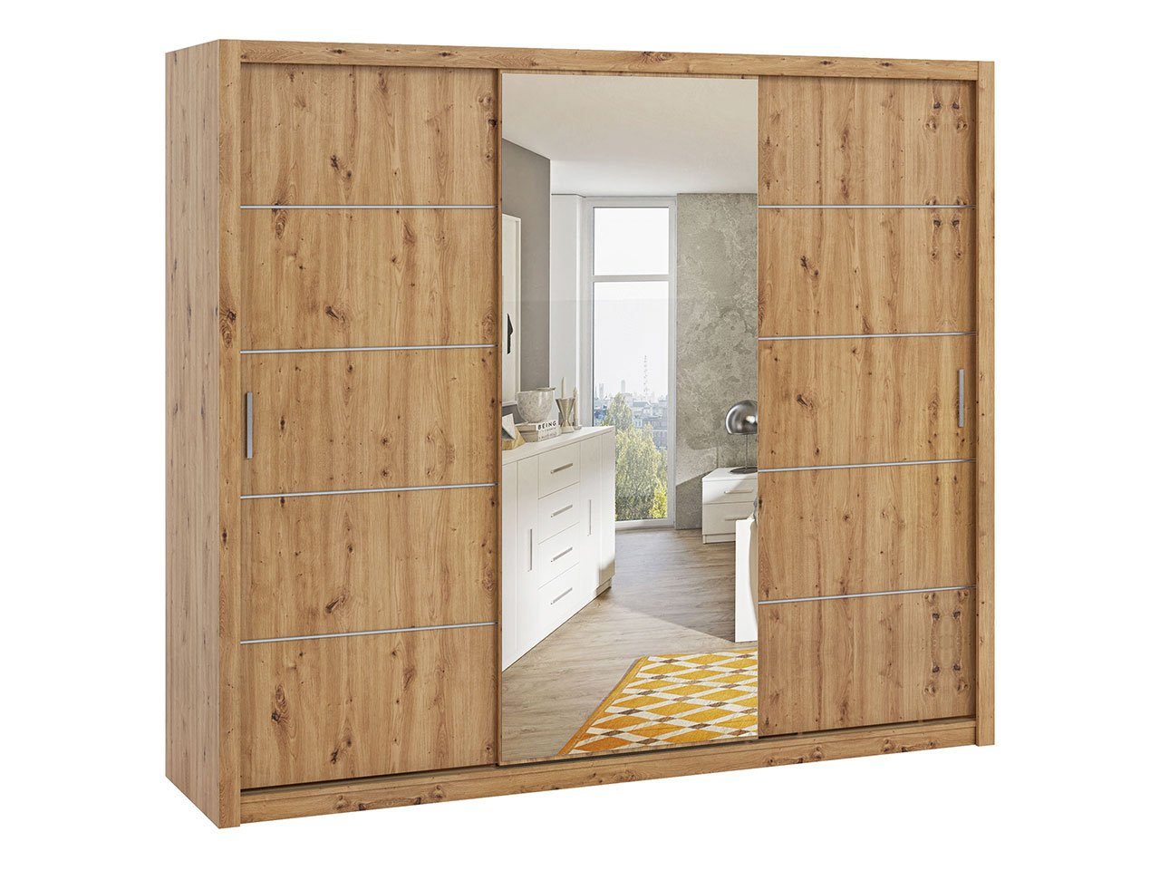 MIRJAN24 Kleiderschrank Bono SZ250 12 (mit 3-Schiebetüren) 2 Kleiderstangen, Frontspiegel