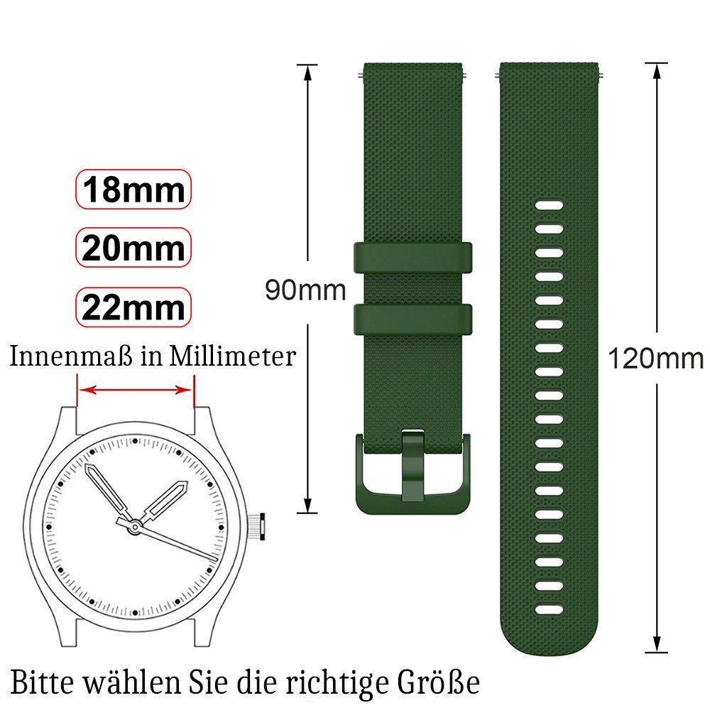Galaxy Watch/Huawei SmartWatch-Armband 6 Breiten, BTTO 18 Wasserdicht Dunkelgrün mm/20 Silikonband für Farben, Smartwatch-Armband mm/22mm Watch/Garmin/Fossi Uhrenarmband Samsung