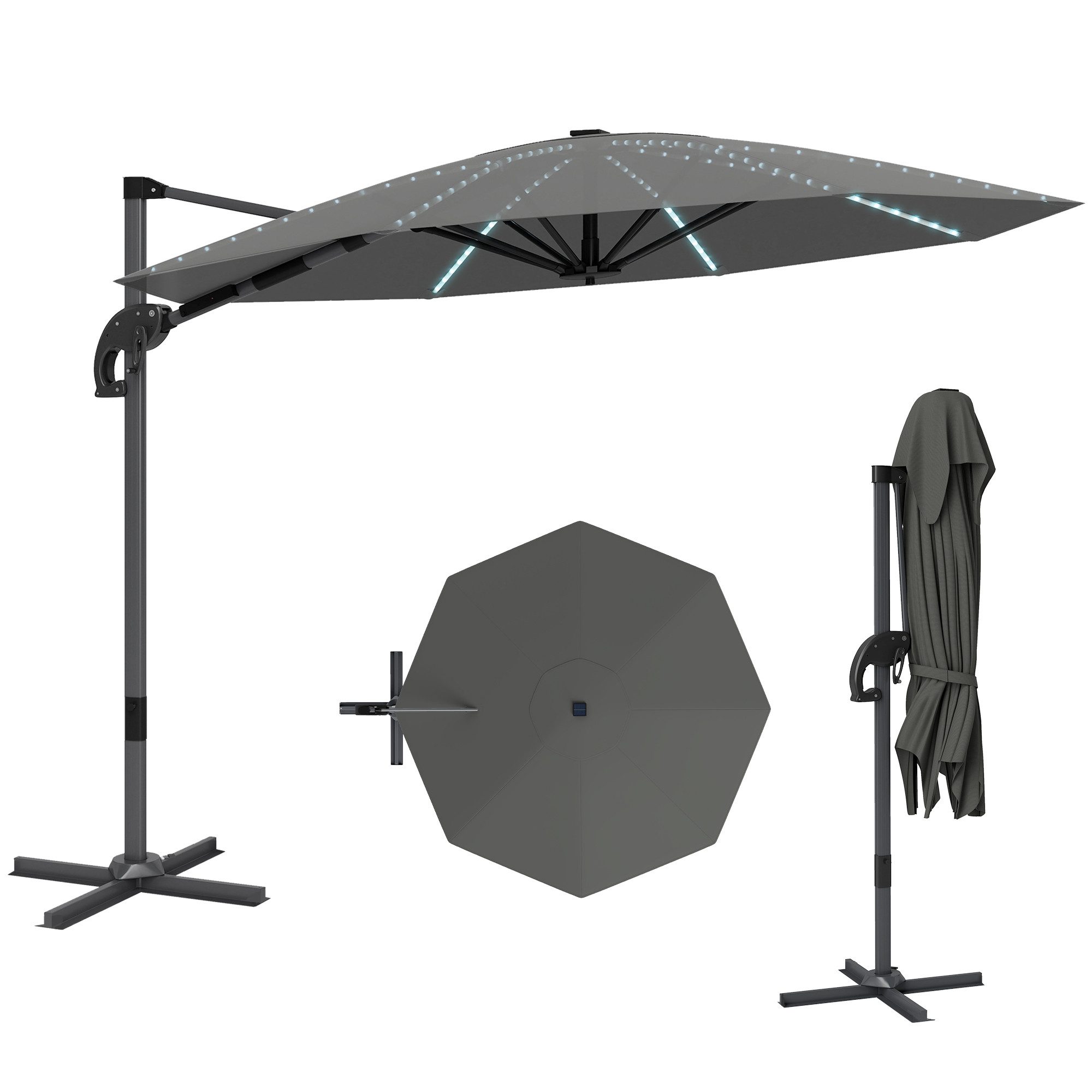 Outsunny Sonnenschirm mit Solar LED, Kurbel, Ständer, UV50+, 360° drehbar, LxB: 300x300 cm, Alu Ampelschirm, höhenverstellbar Marktschirm, Sonnenschutz für Garten, Balkon, Dunkelgrau