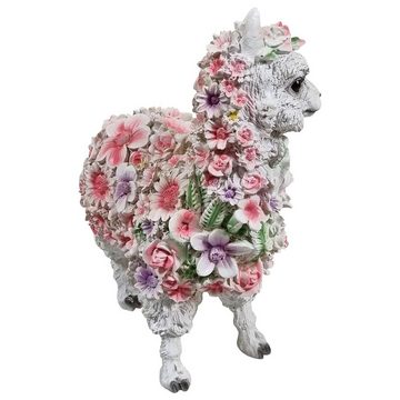 Fachhandel Plus Tierfigur Dekofigur Alpaka weiß mit Blumen lustige Gartendeko Indoor Outdoor, handbemalt, lustige Tierdekoration
