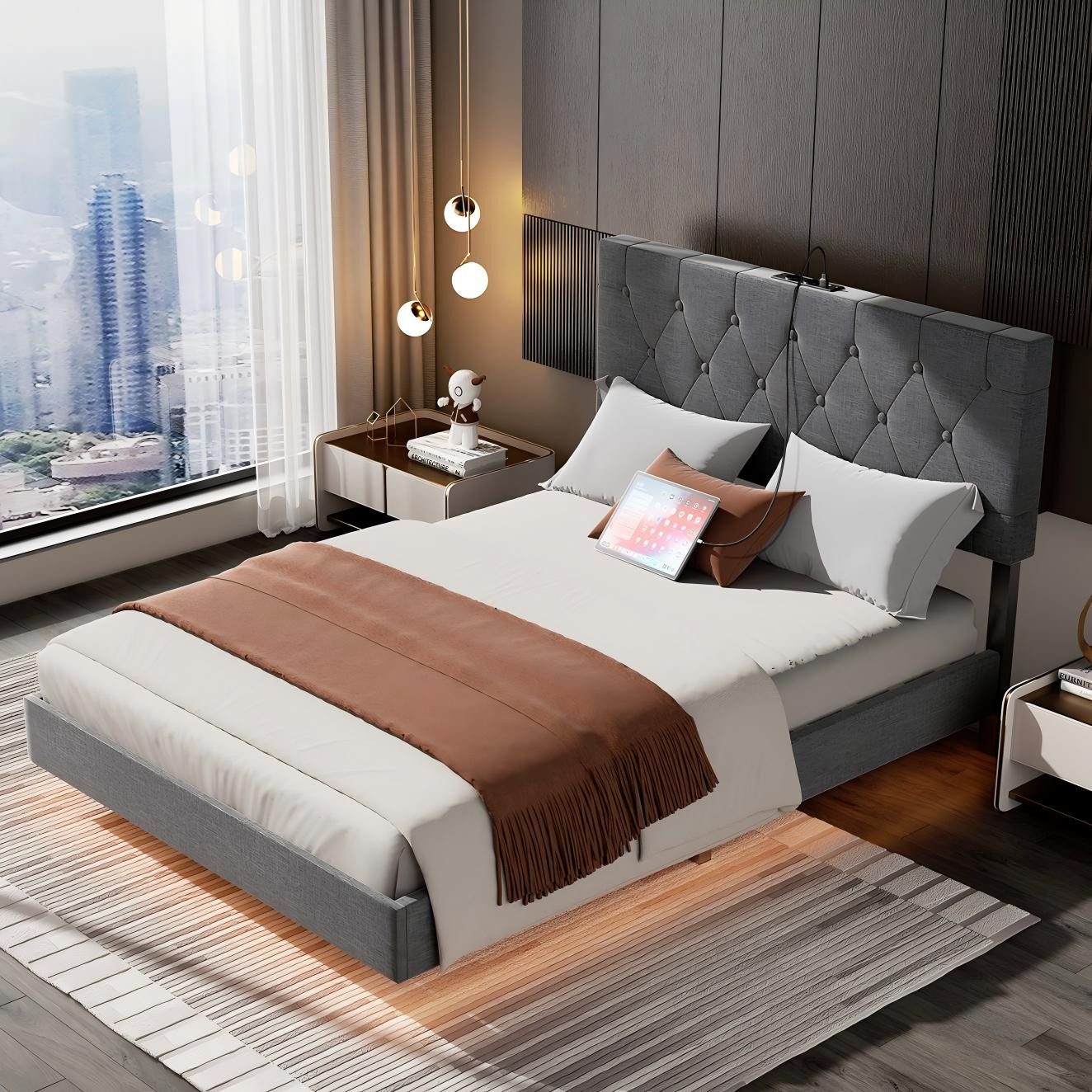 oyajia Bettgestell Doppelbett 140x200cm mit Lattenrost, Schwebebett Gestell mit LED Licht, Modernes Metallbett, Ganzmetall-Stützsystem, einfache Montage, Schwarz