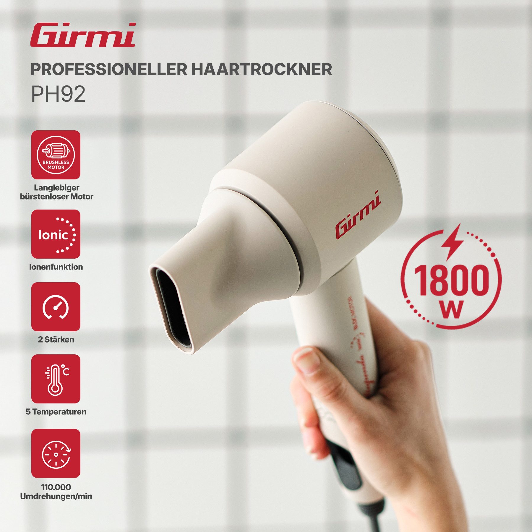 Girmi Ionic-Haartrockner PH92, 1800 W, 2 Stufen, 5 Temperaturen, bürstenloser Motor, Ionenfunktion