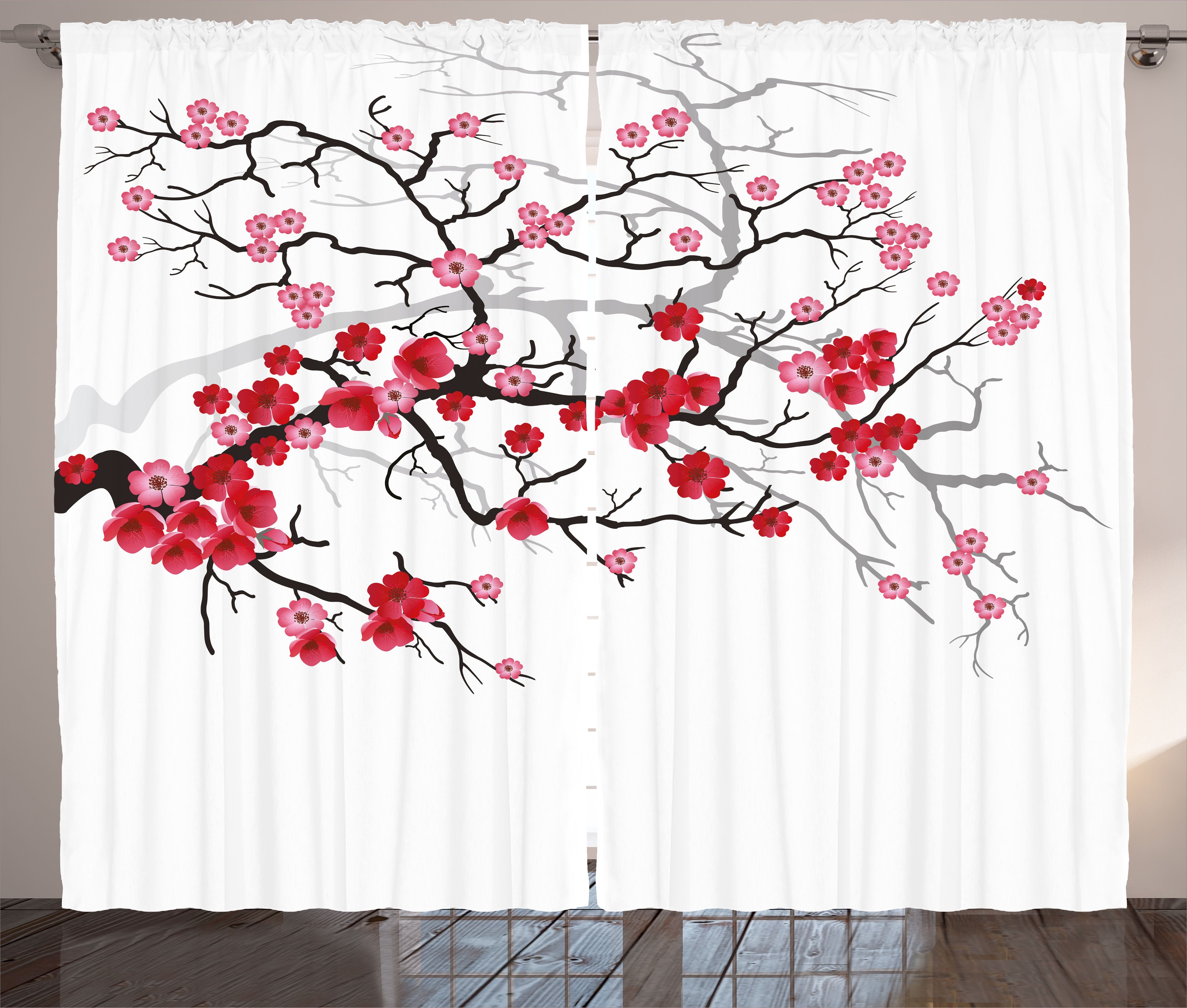 Gardine Schlafzimmer Kräuselband Vorhang mit Schlaufen und Haken, Abakuhaus, japanisch Sakura-Blüten Pflanze