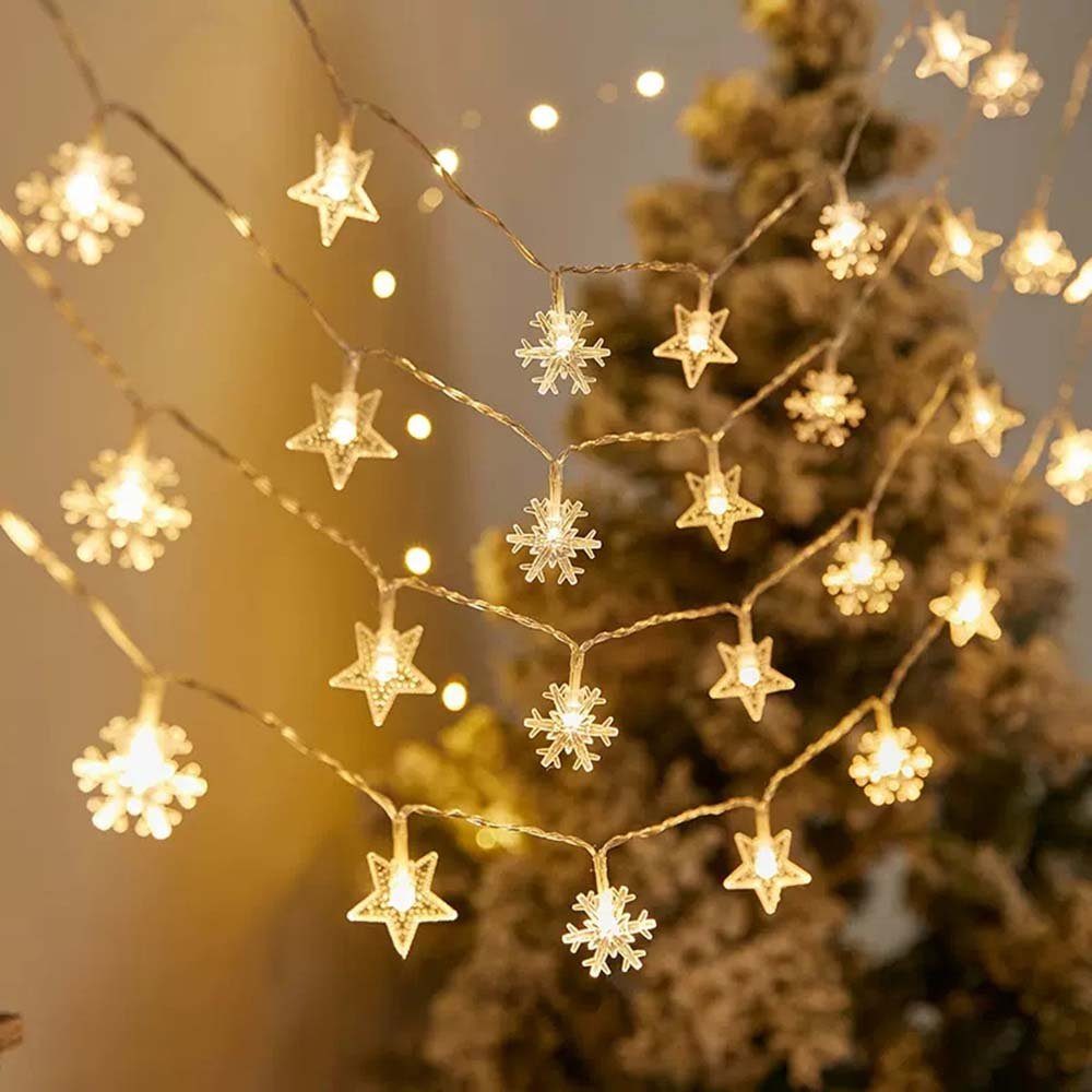 Rosnek LED-Lichterkette 1.5/3M, Stern, Schneeflocke, Batterie, für Weihnachten, Erntedankfest Deko Warmweiß