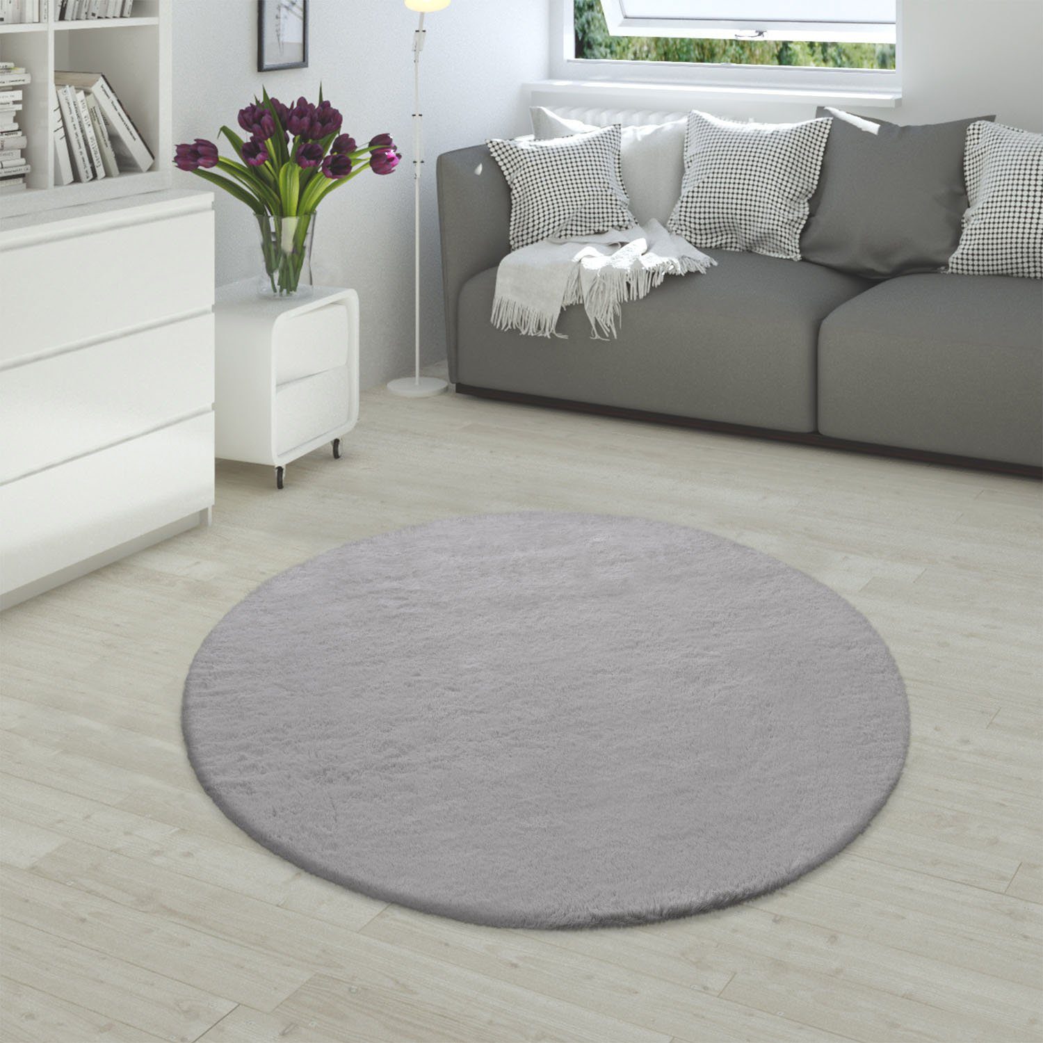 Paco Home Fellteppich Rabbit 780, rund, Höhe: 26 mm, Kunstfell, Kaninchenfell-Haptik, echter Kuschelteppich, Uni-Farben