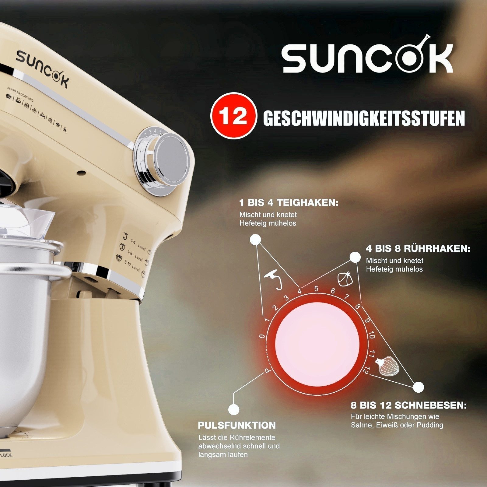 SUNCOK Küchenmaschine Multifunktionale Knetmaschine, 12-Geschwindigkeit, 59 Dezibel. geeignet zum Backen und Kneten von Teig, 1500 W, Elektrische Küchenmaschine,mit 2 Edelstahl-Rührschüsseln 4,5 und 5,5l