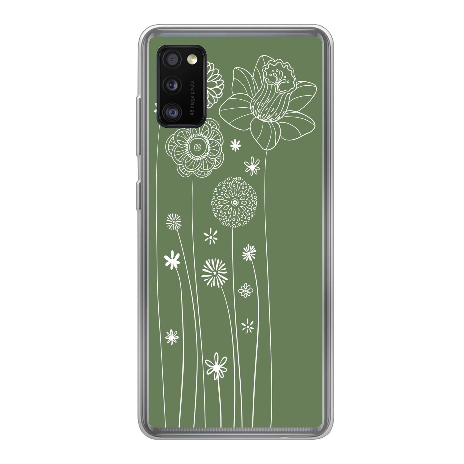MuchoWow Handyhülle für Samsung Galaxy A41 Illustration eines Blumenmusters in Grün, Smartphone-Bumper, Print, Handy Schutzhülle Dünn
