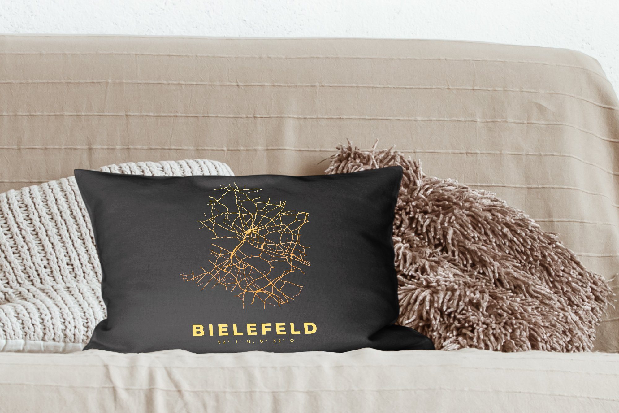 MuchoWow Dekokissen Bielefeld mit - Füllung, Dekoration, Gold - - Stadtplan, Wohzimmer Karte Dekokissen Schlafzimmer Zierkissen