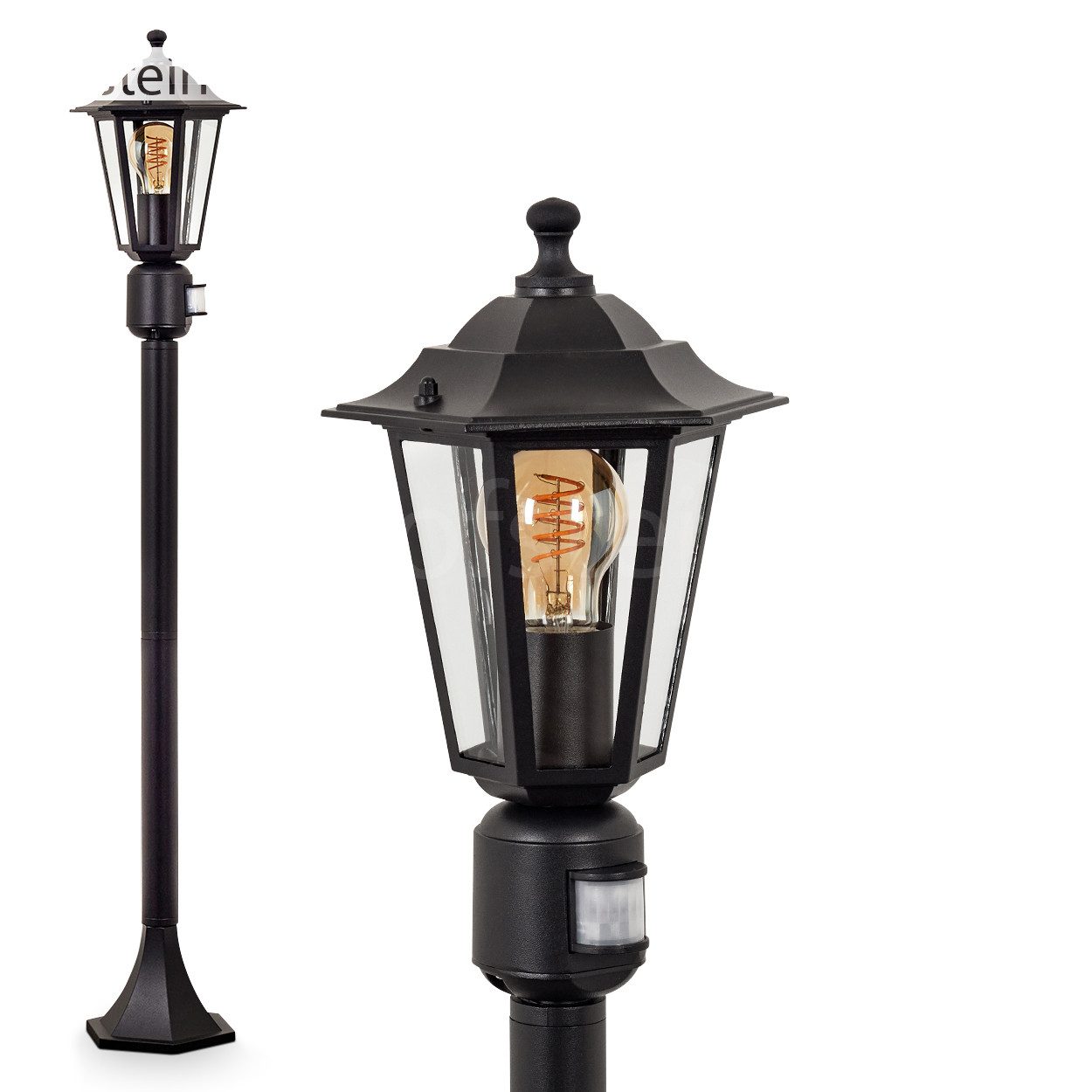 hofstein Pollerleuchte Wegeleuchte m. Bewegungsmelder aus Metall/Glas in Schwarz/Klar, ohne Leuchtmittel, antike Außenleuchte, Gartenlampe, Gartenbeleuchtung IP44, 1 x E27